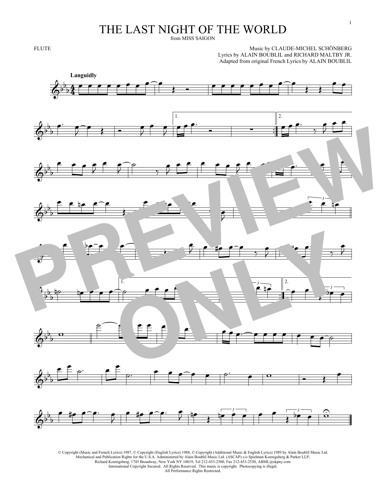 Claude-Michel Schonberg The Last Night Of The World sheet music notes and chords arranged for Violin Solo