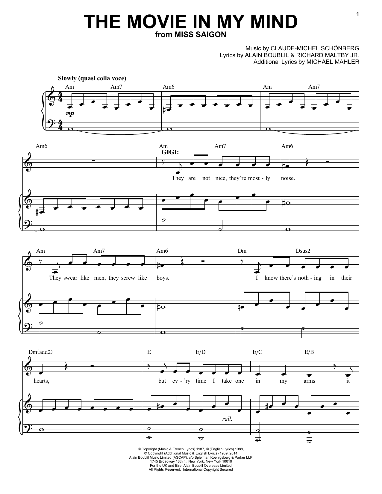 Claude-Michel Schönberg The Movie In My Mind sheet music notes and chords arranged for Piano & Vocal