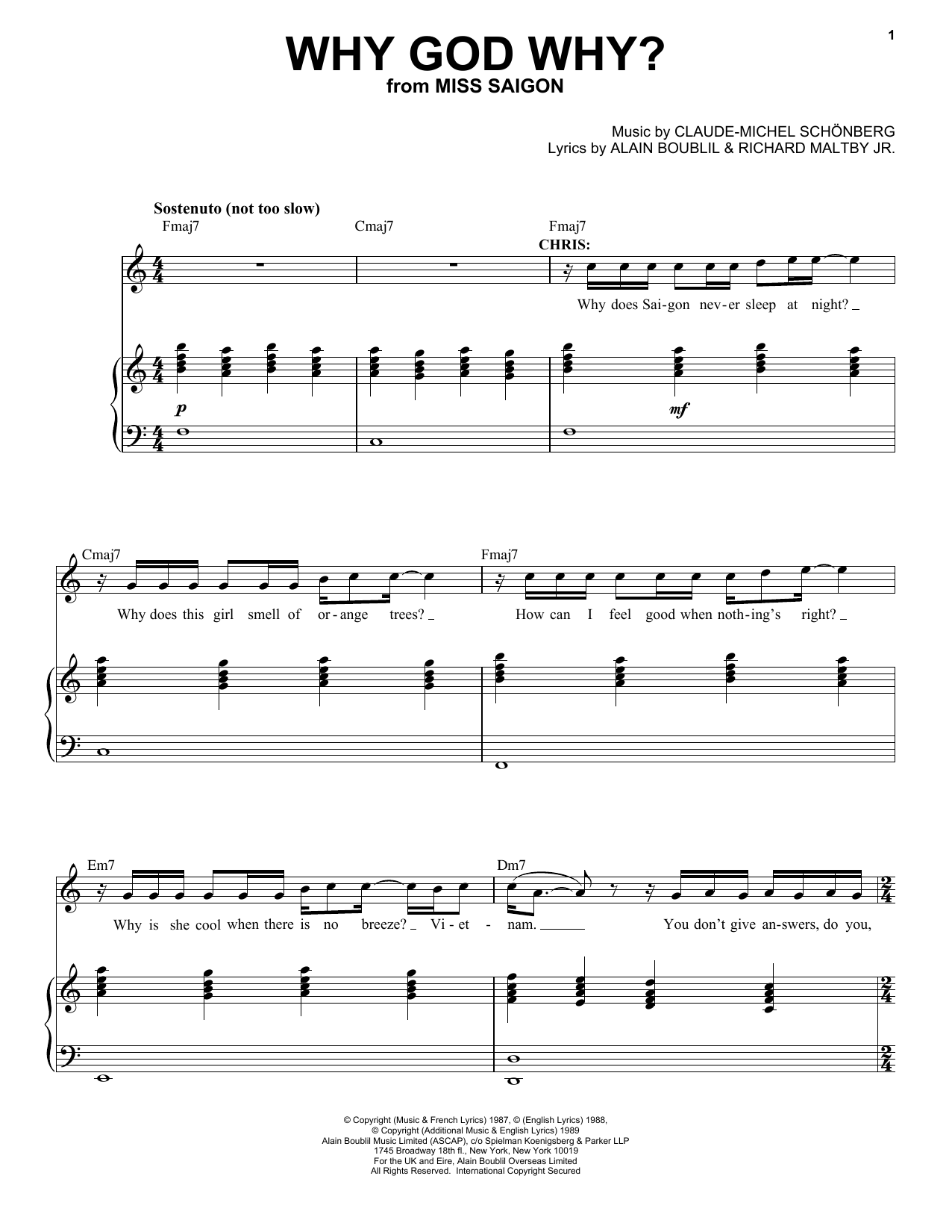 Claude-Michel Schonberg Why God Why? sheet music notes and chords arranged for Piano & Vocal