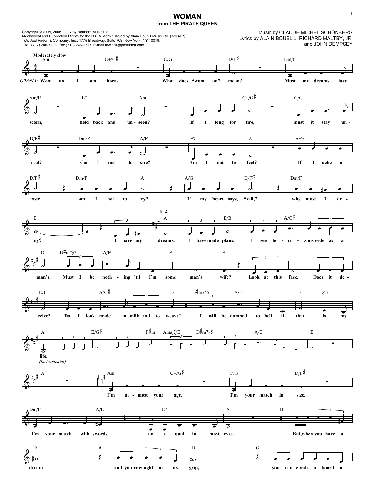 Claude-Michel Schonberg Woman (from The Pirate Queen) sheet music notes and chords arranged for Lead Sheet / Fake Book