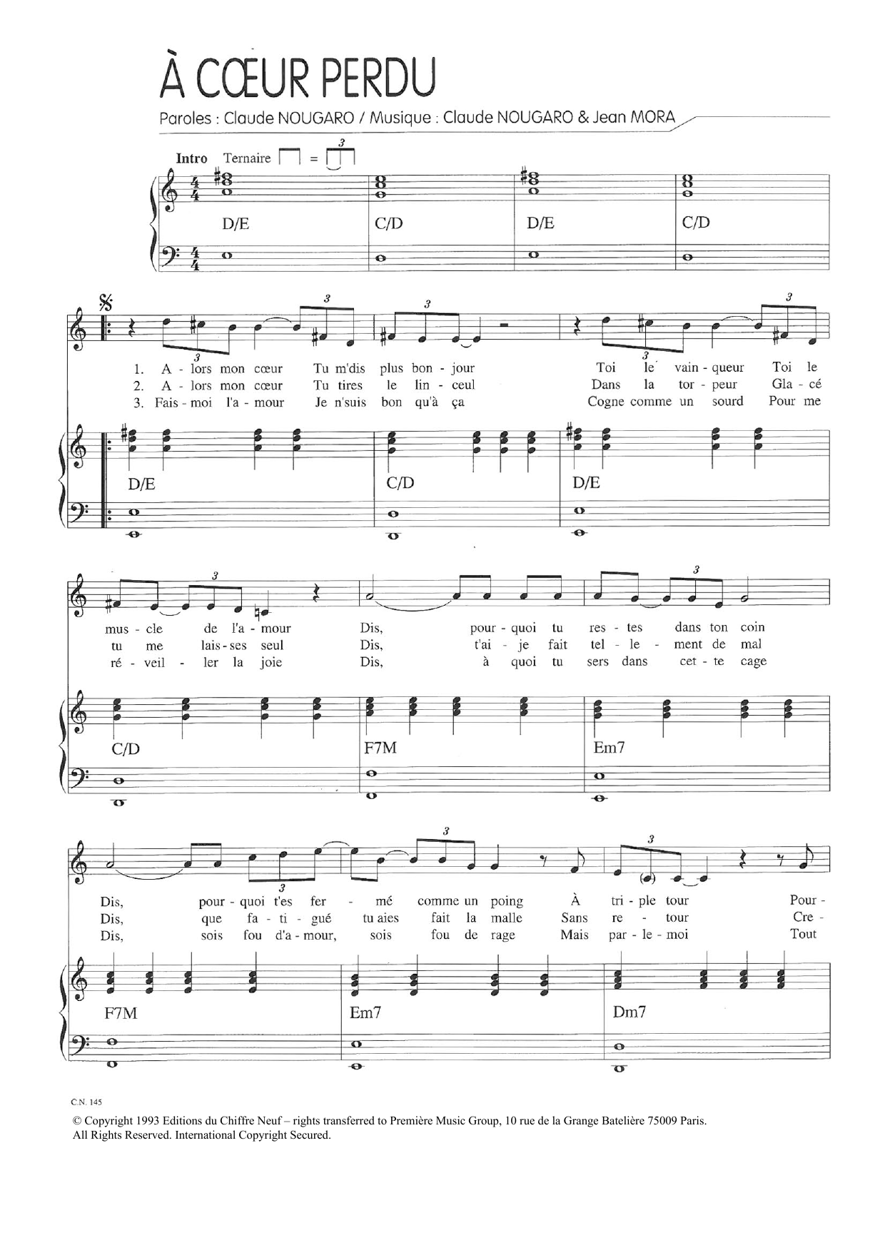 Claude Nougaro A Coeur Perdu sheet music notes and chords arranged for Piano & Vocal