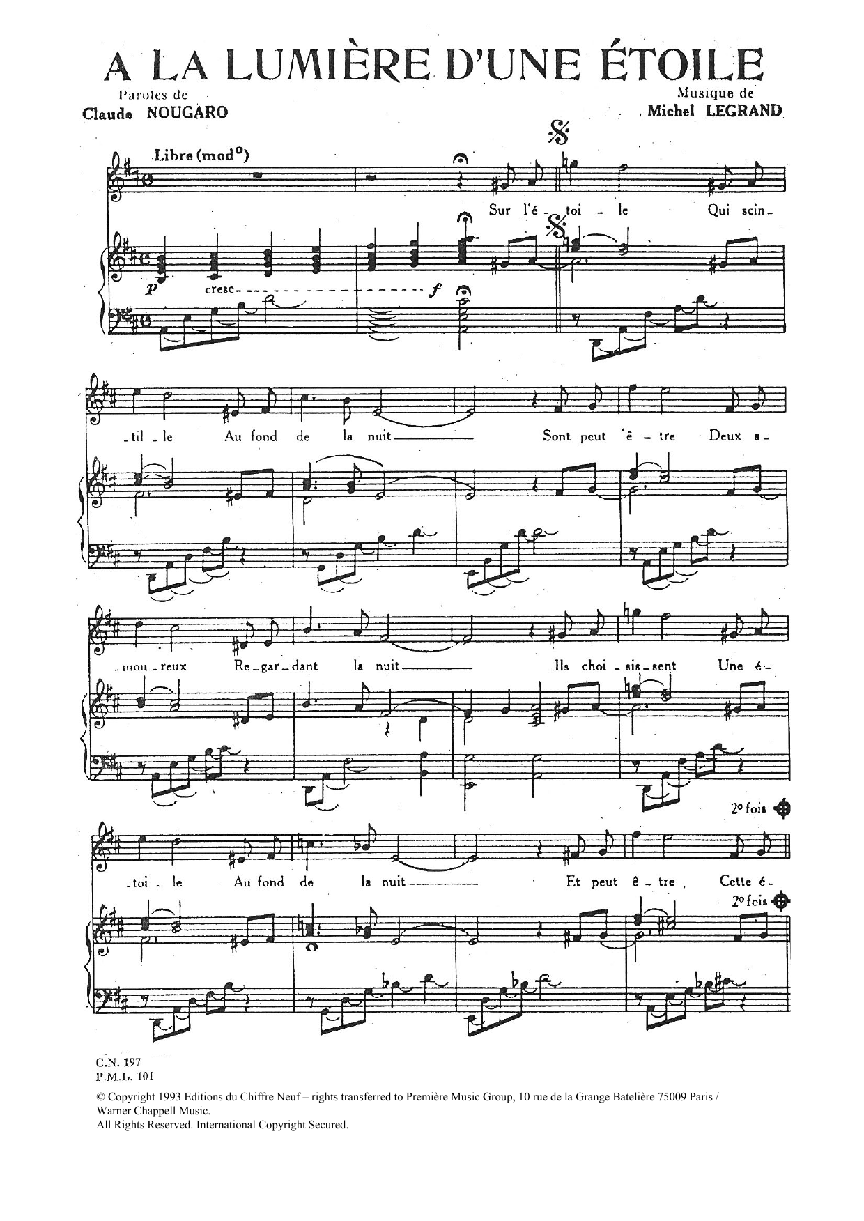 Claude Nougaro A La Lumiere D'une Etoile sheet music notes and chords arranged for Piano & Vocal