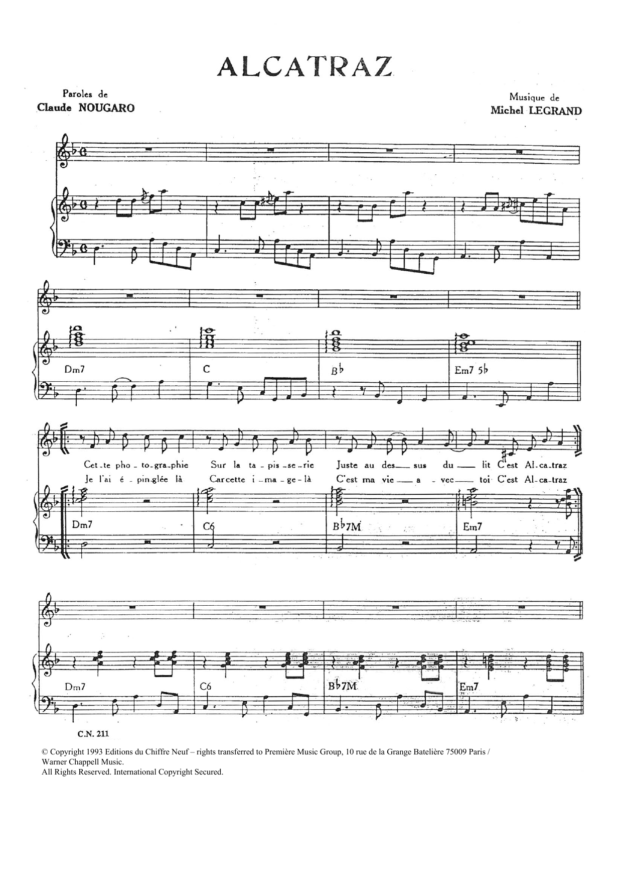 Claude Nougaro Alcatraz sheet music notes and chords arranged for Piano & Vocal