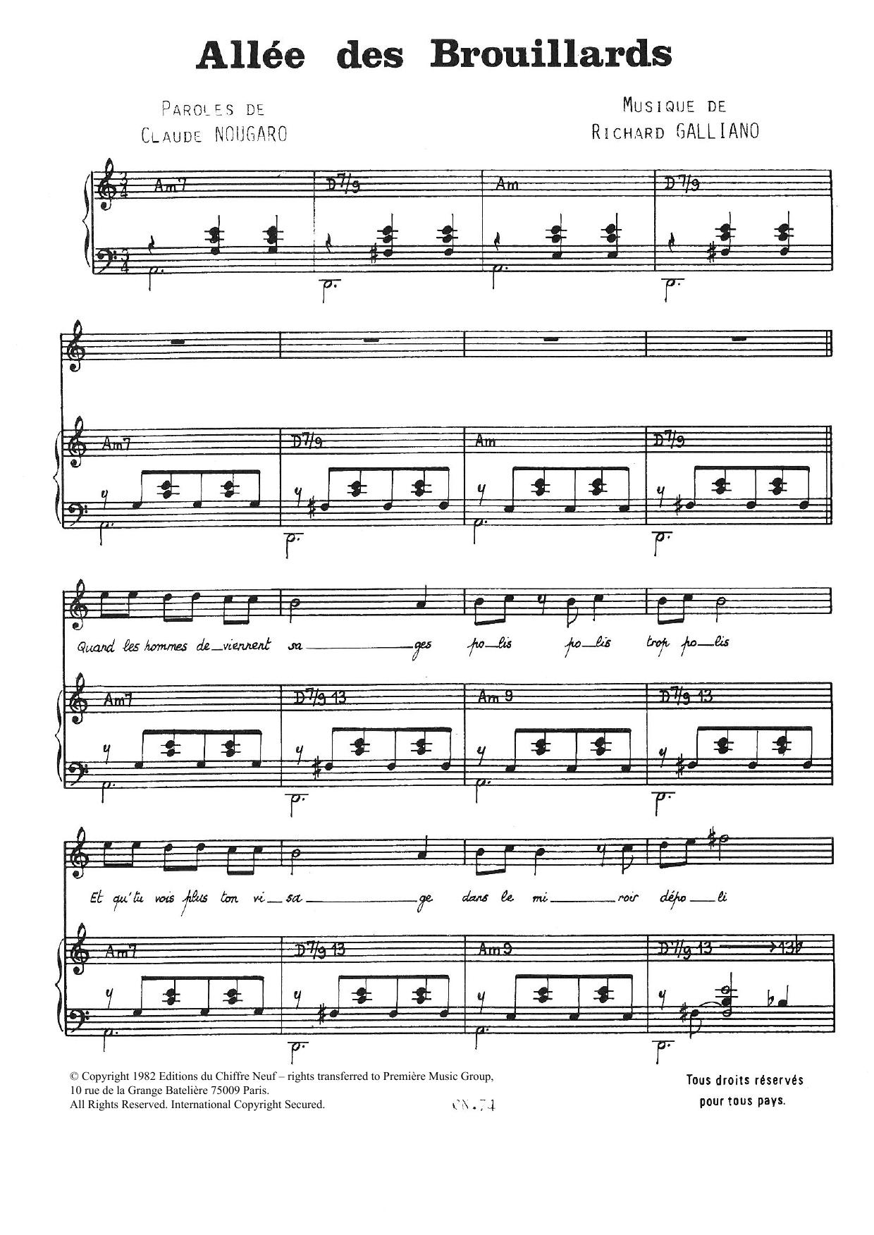Claude Nougaro Allee Des Brouillards sheet music notes and chords arranged for Piano & Vocal