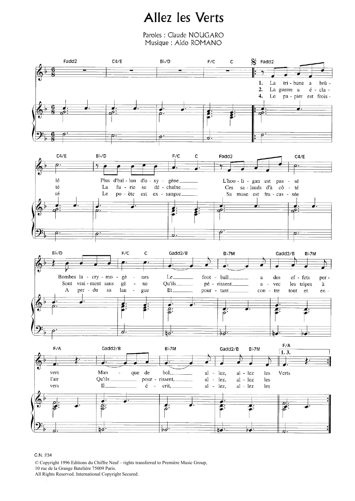 Claude Nougaro Allez Les Verts sheet music notes and chords arranged for Piano & Vocal