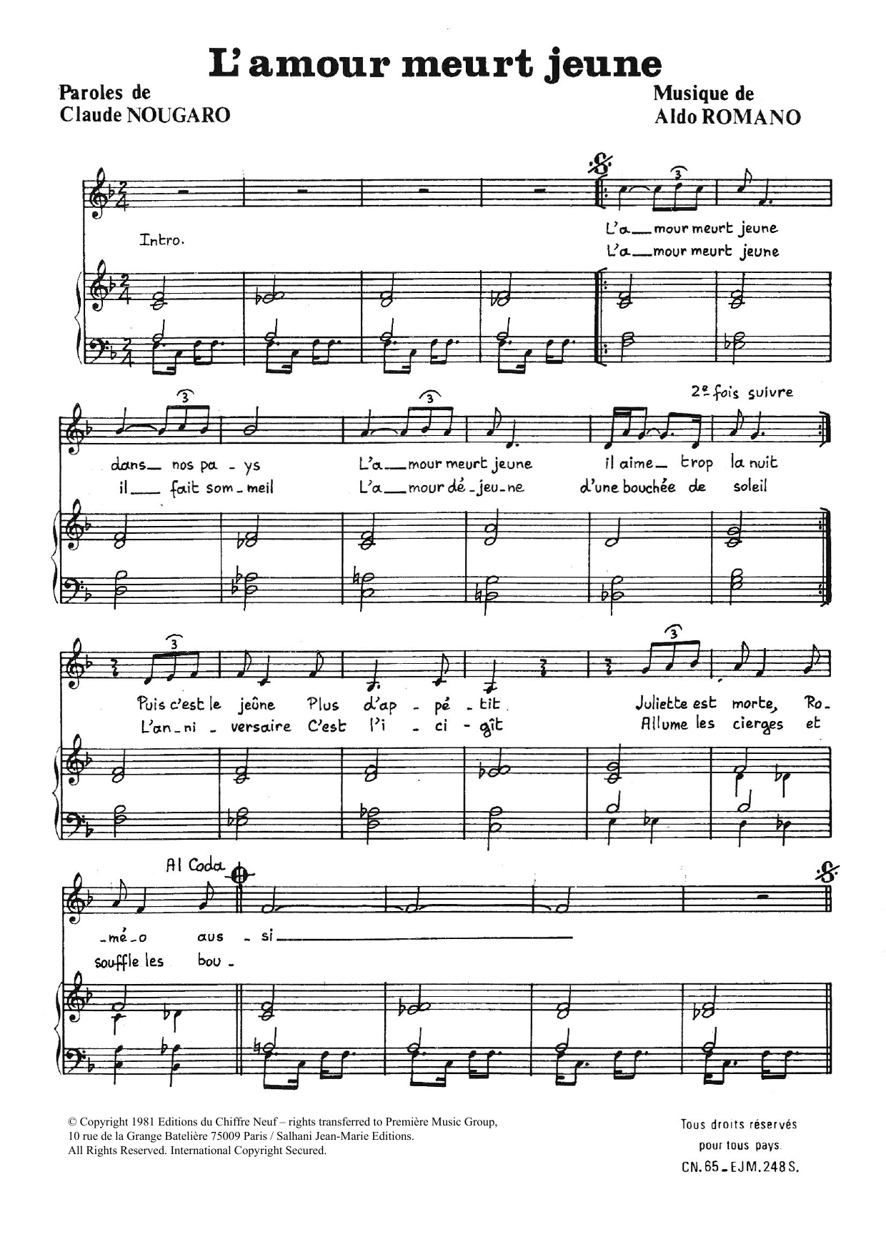 Claude Nougaro Amour Meurt Jeune sheet music notes and chords arranged for Piano & Vocal