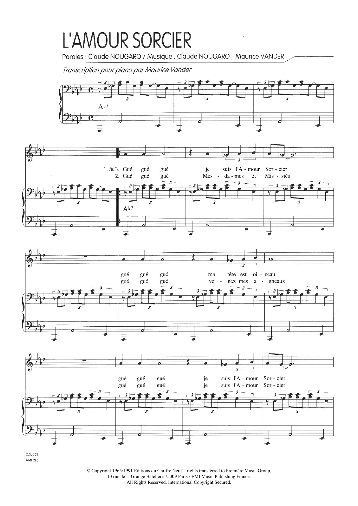 Claude Nougaro Amour Sorcier sheet music notes and chords arranged for Piano & Vocal