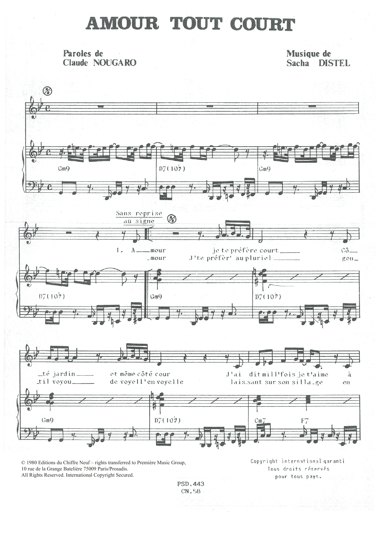 Claude Nougaro Amour Tout Court sheet music notes and chords arranged for Piano & Vocal