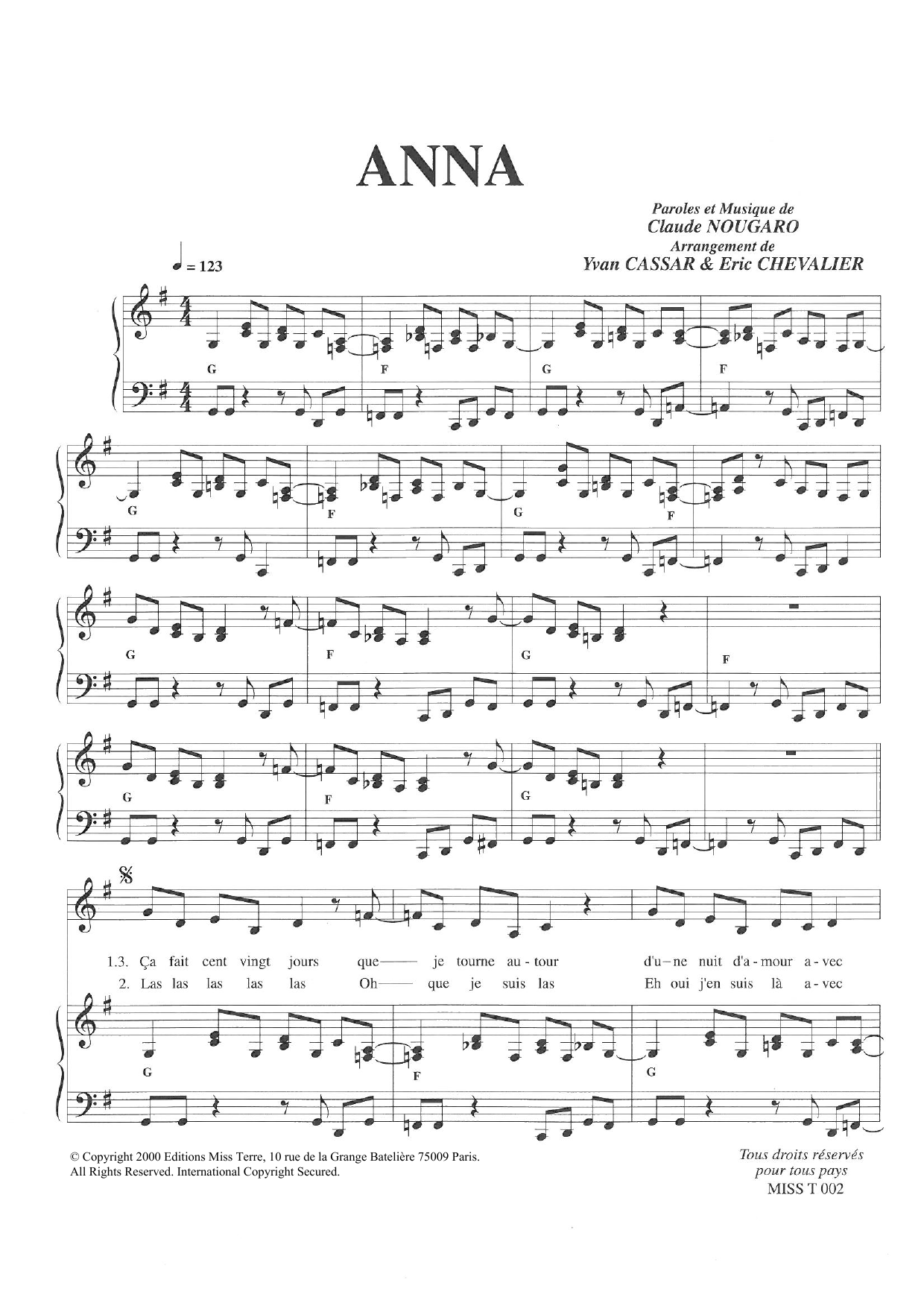 Claude Nougaro Anna sheet music notes and chords arranged for Piano & Vocal