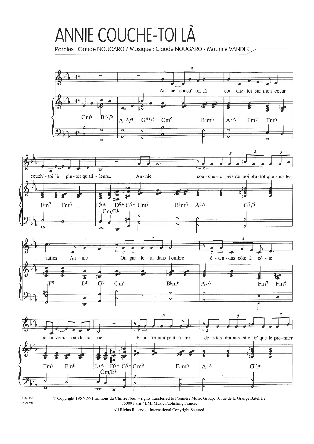 Claude Nougaro Annie Couche-Toi La sheet music notes and chords arranged for Piano & Vocal