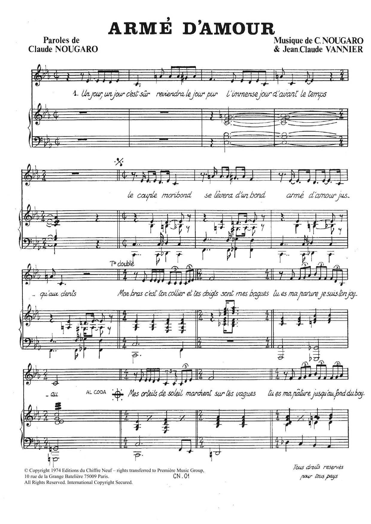 Claude Nougaro Arme D'amour sheet music notes and chords arranged for Piano & Vocal
