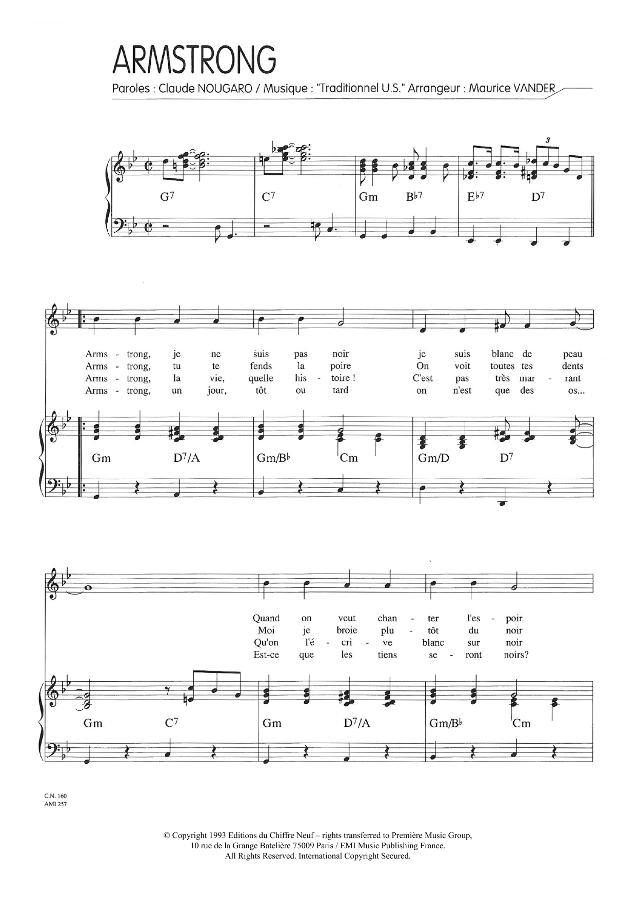 Claude Nougaro Armstrong sheet music notes and chords arranged for Piano & Vocal