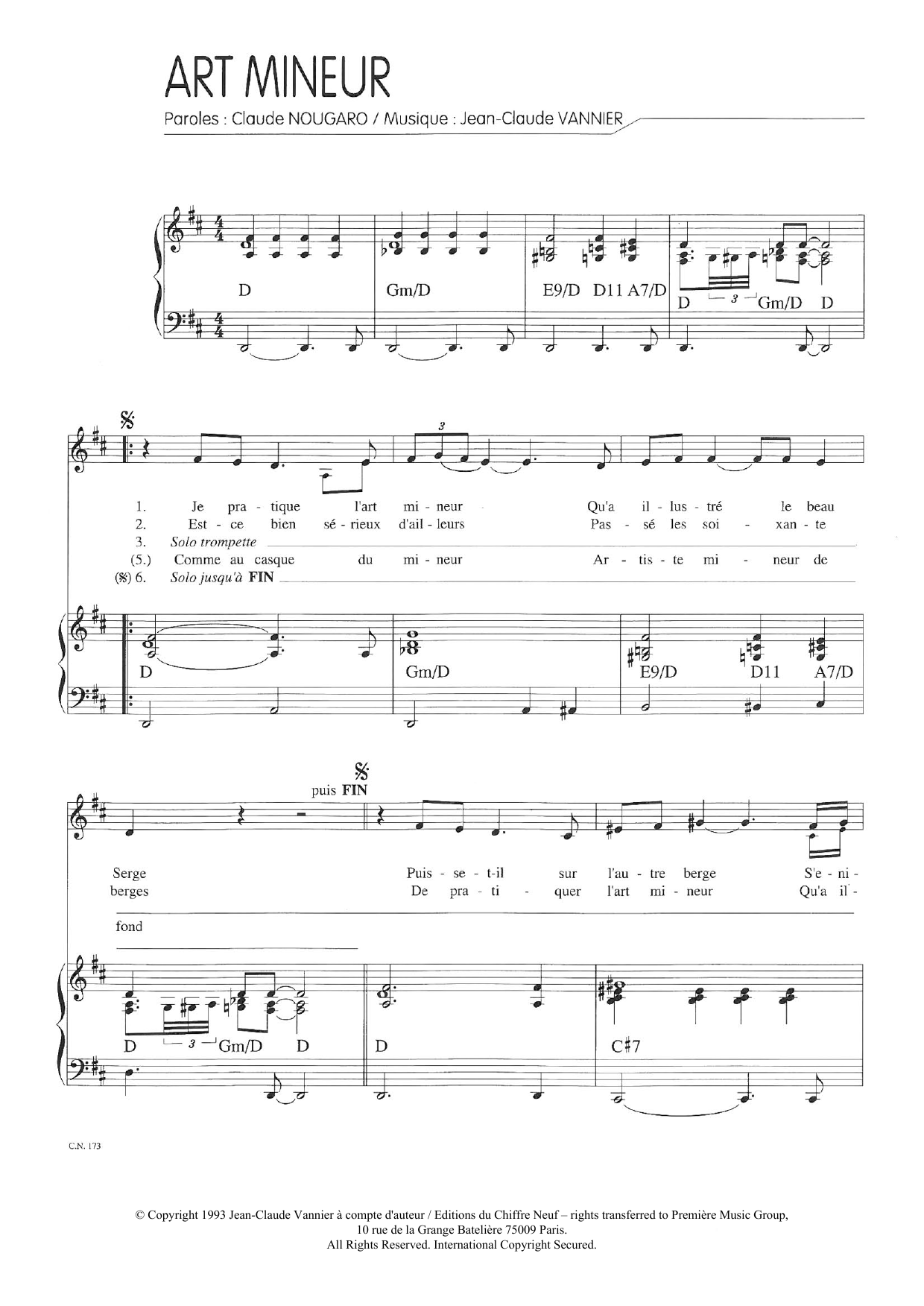 Claude Nougaro Art Mineur sheet music notes and chords arranged for Piano & Vocal