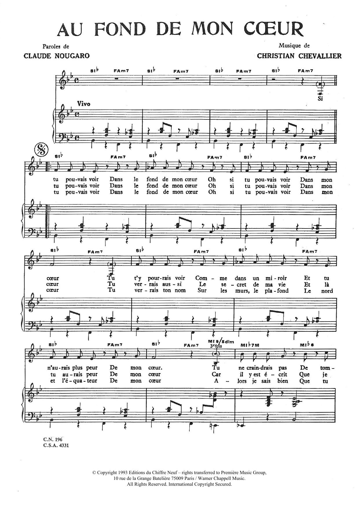 Claude Nougaro Au Fond De Mon Coeur sheet music notes and chords arranged for Piano & Vocal