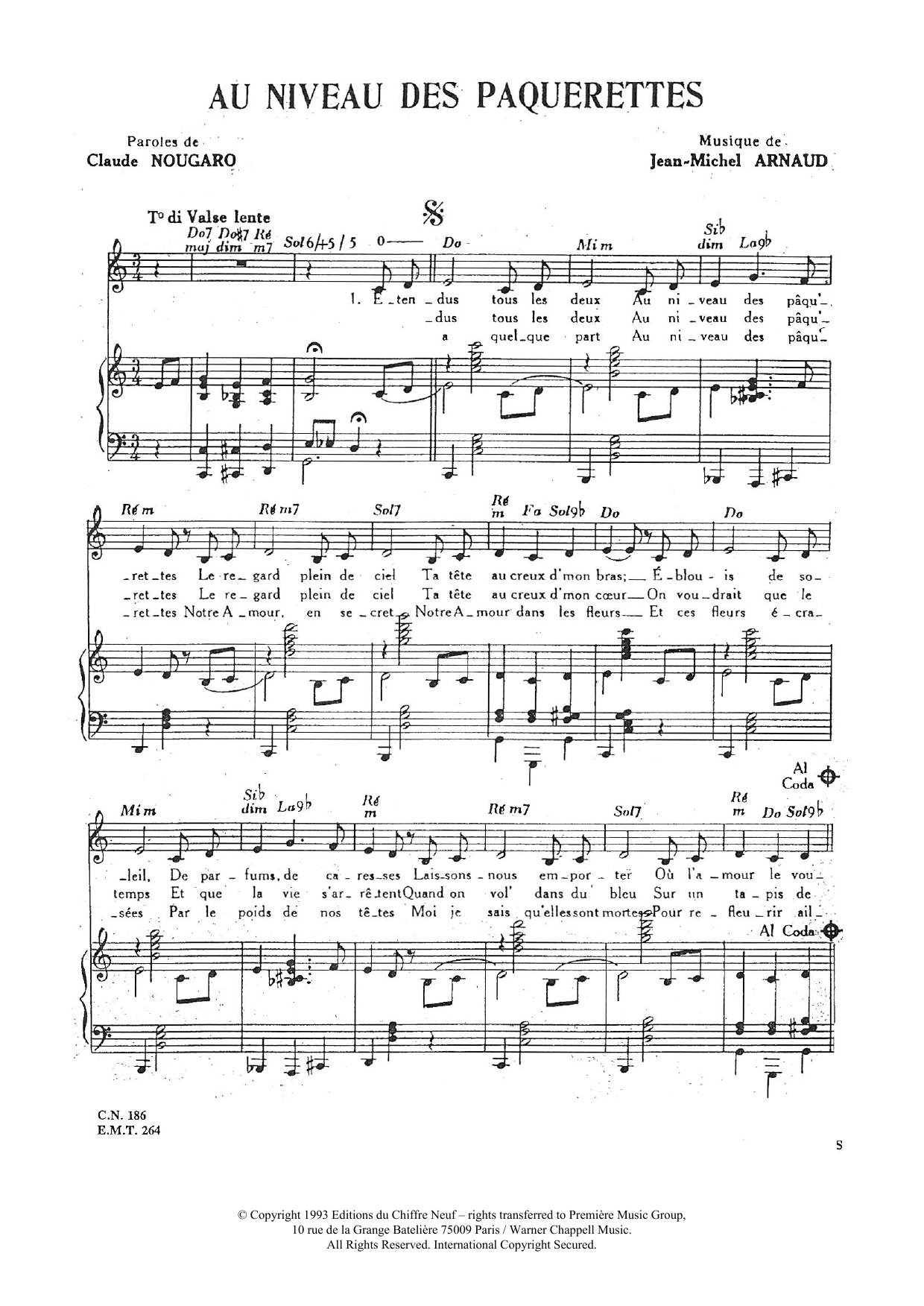 Claude Nougaro Au Niveau Des Paquerettes sheet music notes and chords arranged for Piano & Vocal