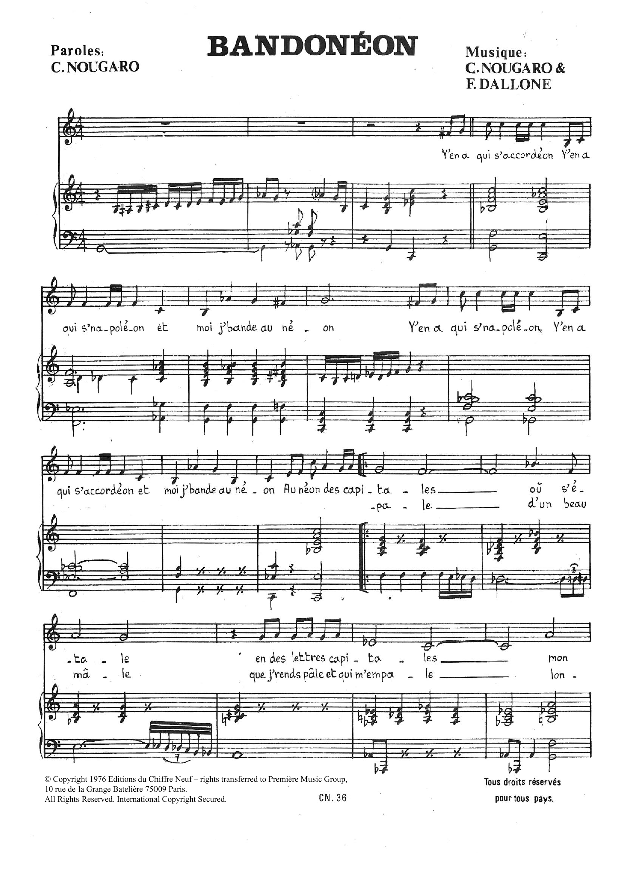 Claude Nougaro Bandoneon sheet music notes and chords arranged for Piano & Vocal