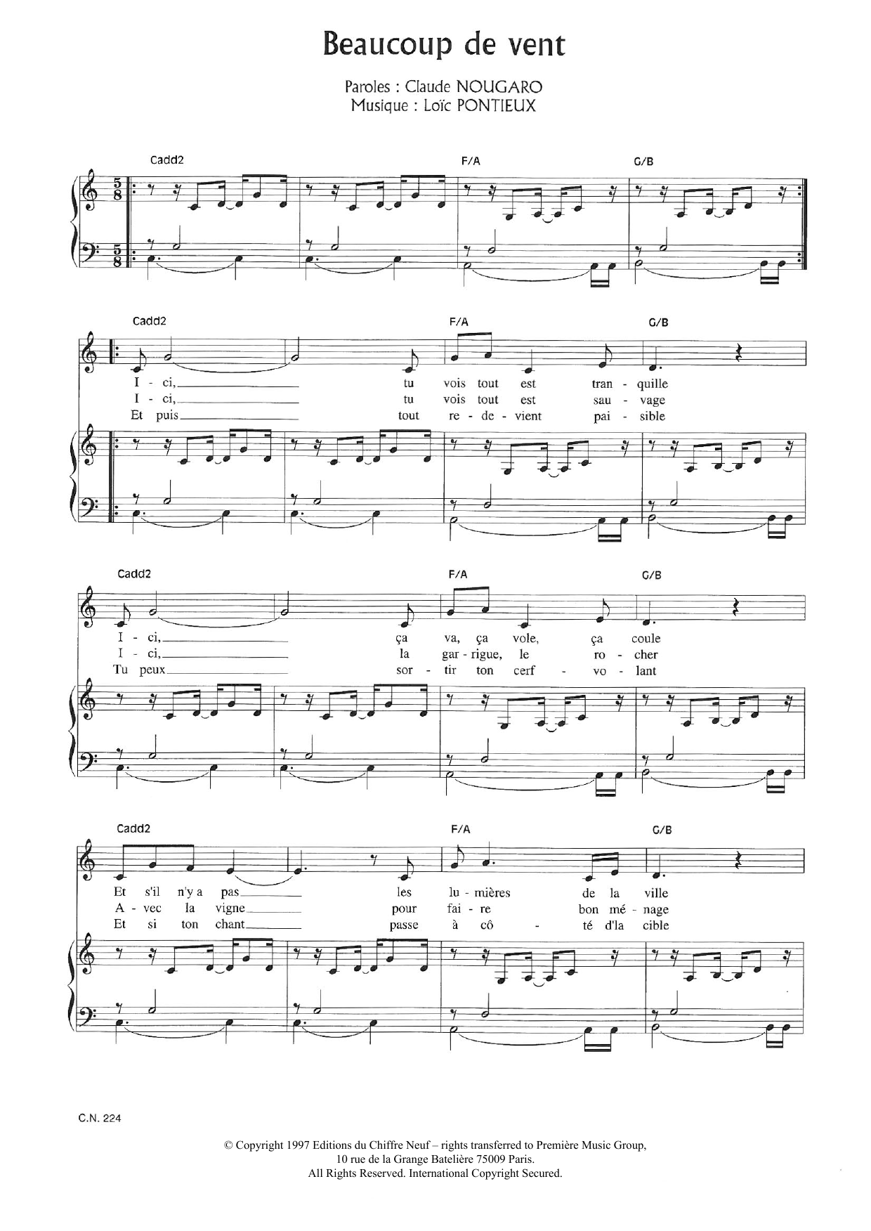 Claude Nougaro Beaucoup De Vent sheet music notes and chords arranged for Piano & Vocal