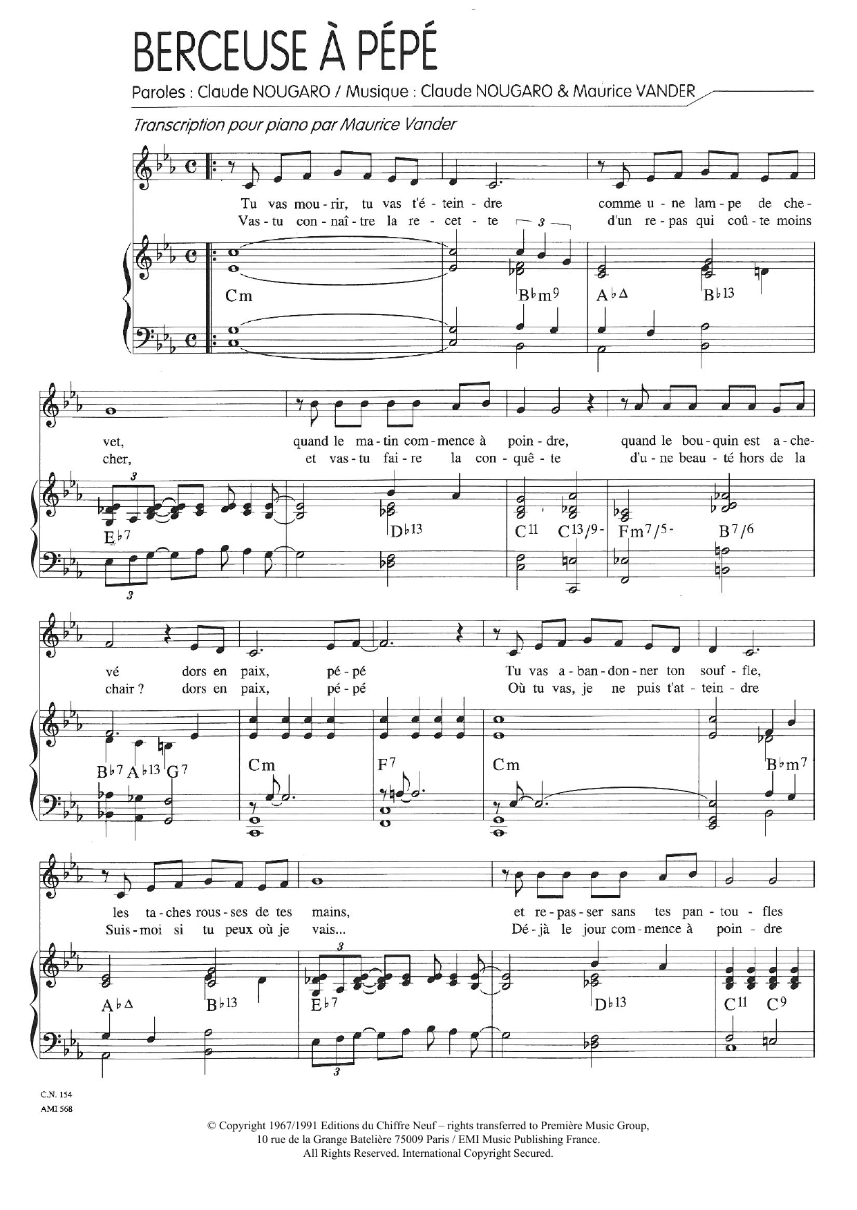 Claude Nougaro Berceuse A Pepe sheet music notes and chords arranged for Piano & Vocal