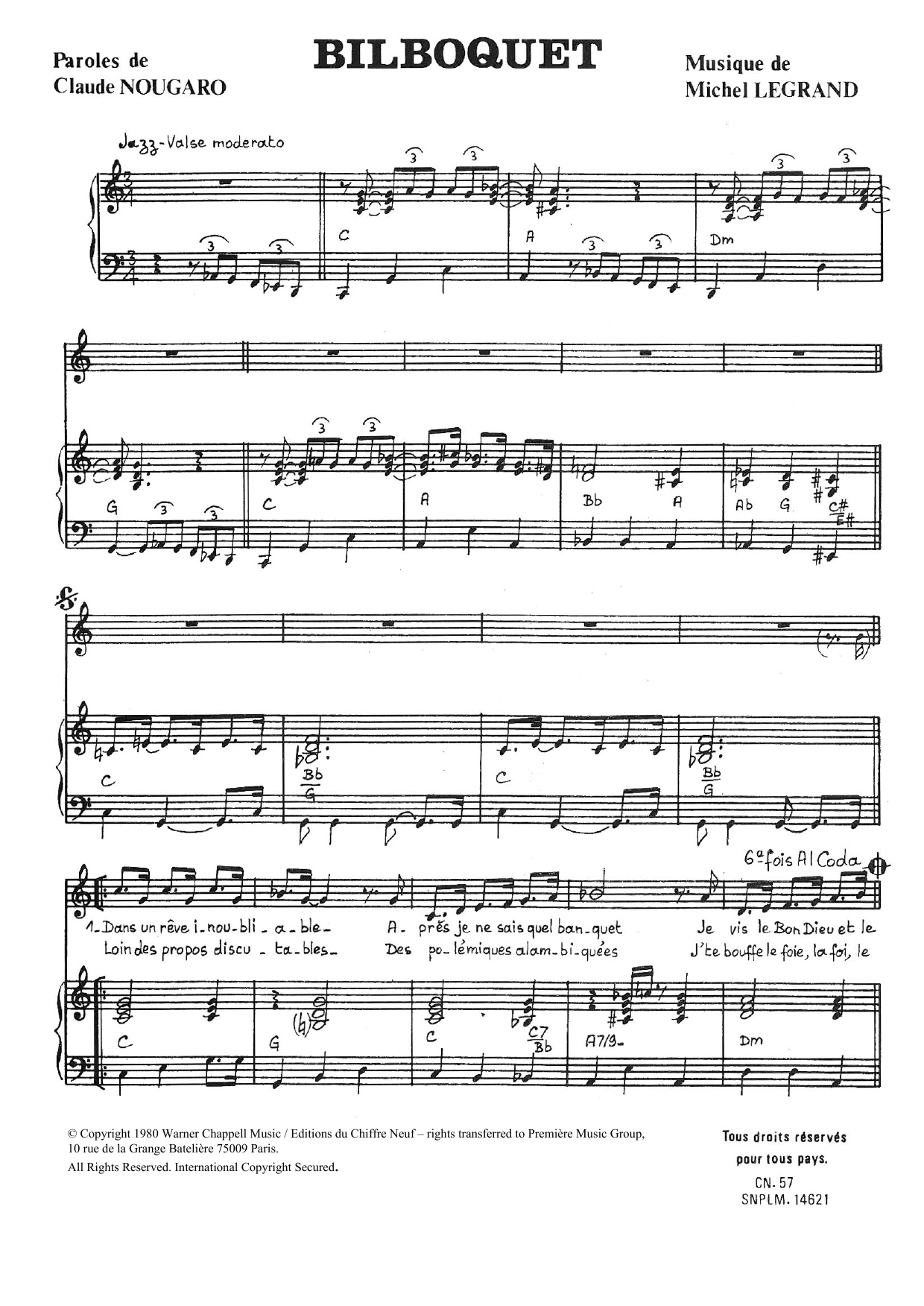Claude Nougaro Bilboquet sheet music notes and chords arranged for Piano & Vocal