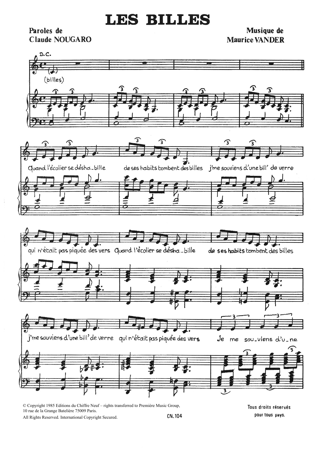 Claude Nougaro Billes sheet music notes and chords arranged for Piano & Vocal