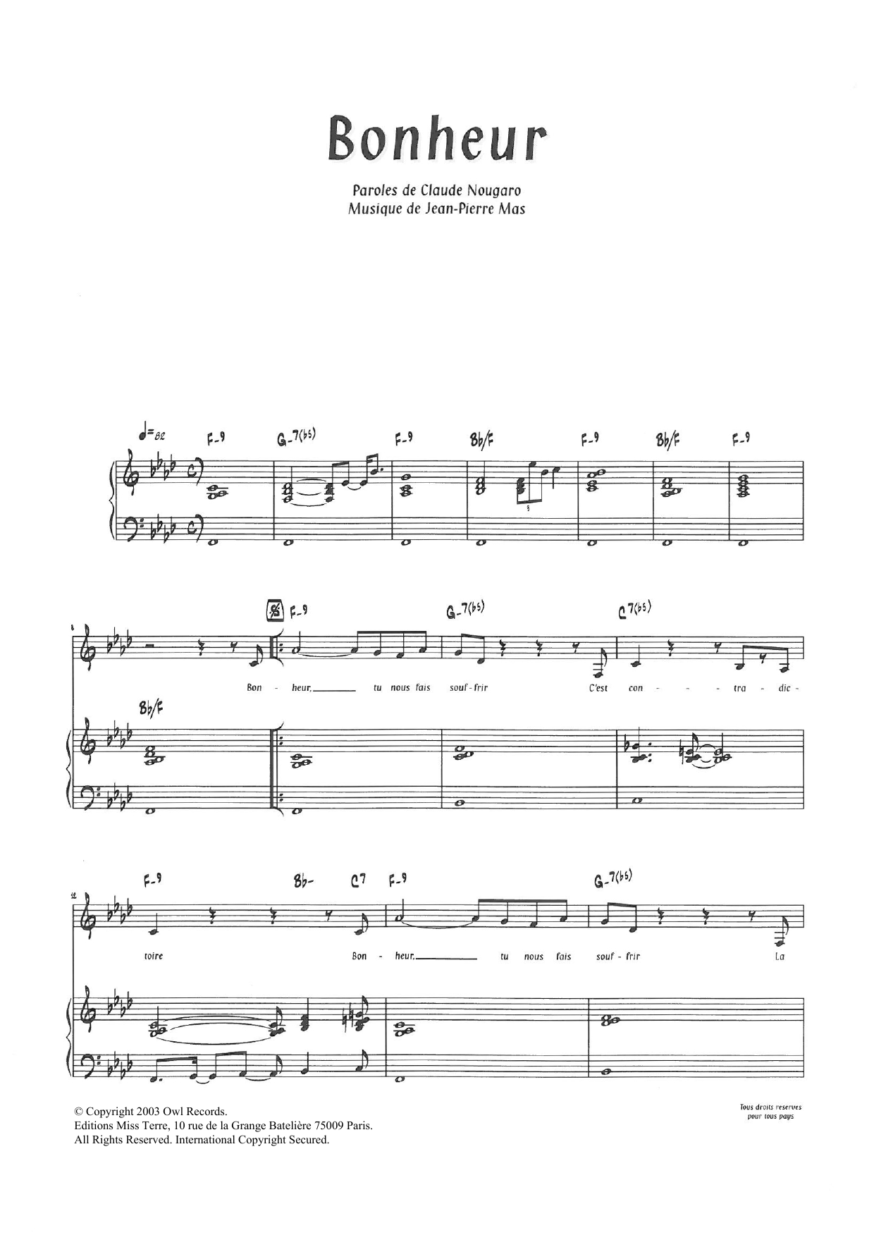Claude Nougaro Bonheur sheet music notes and chords arranged for Piano & Vocal