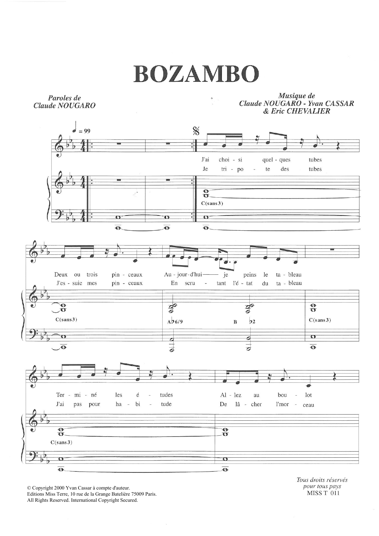 Claude Nougaro Bozambo sheet music notes and chords arranged for Piano & Vocal