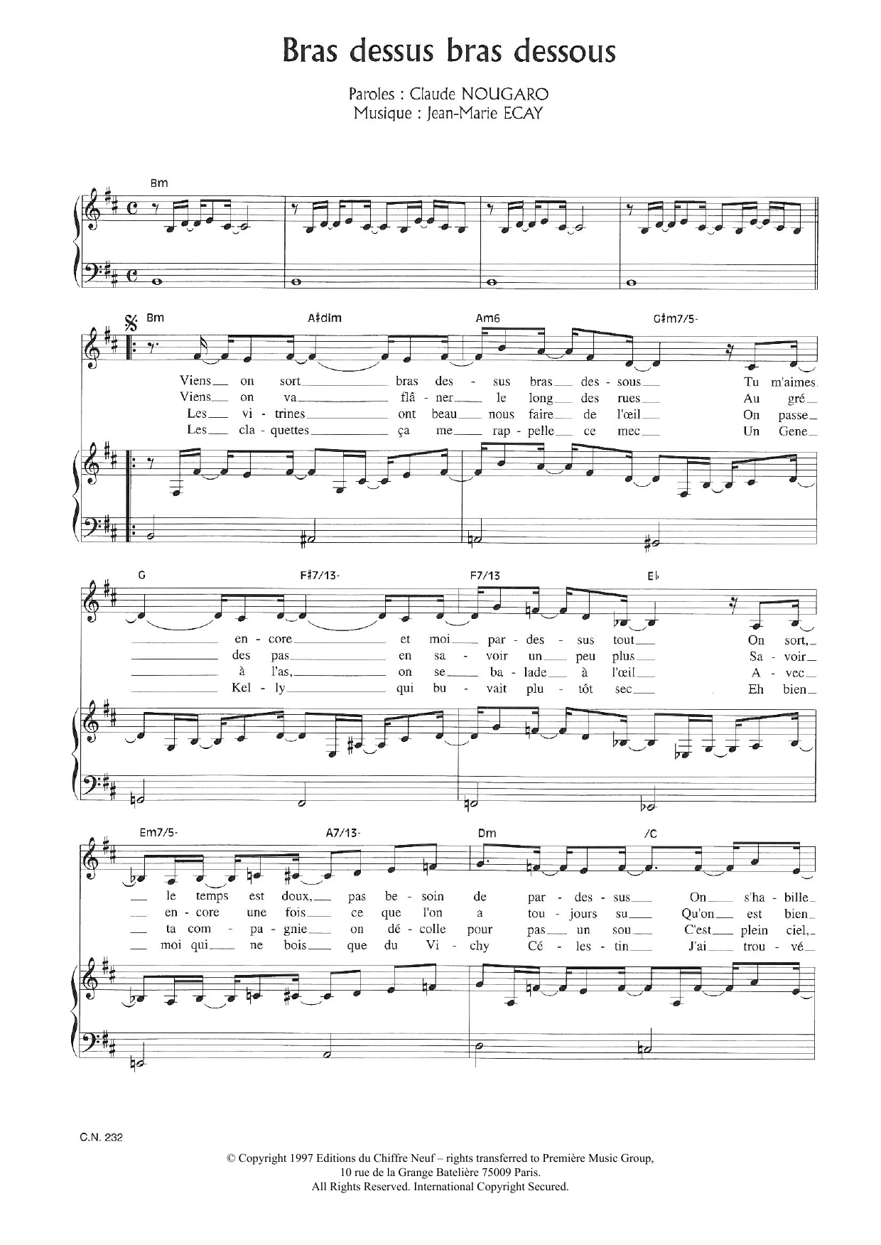 Claude Nougaro Bras Dessus Bras Dessous sheet music notes and chords arranged for Piano & Vocal