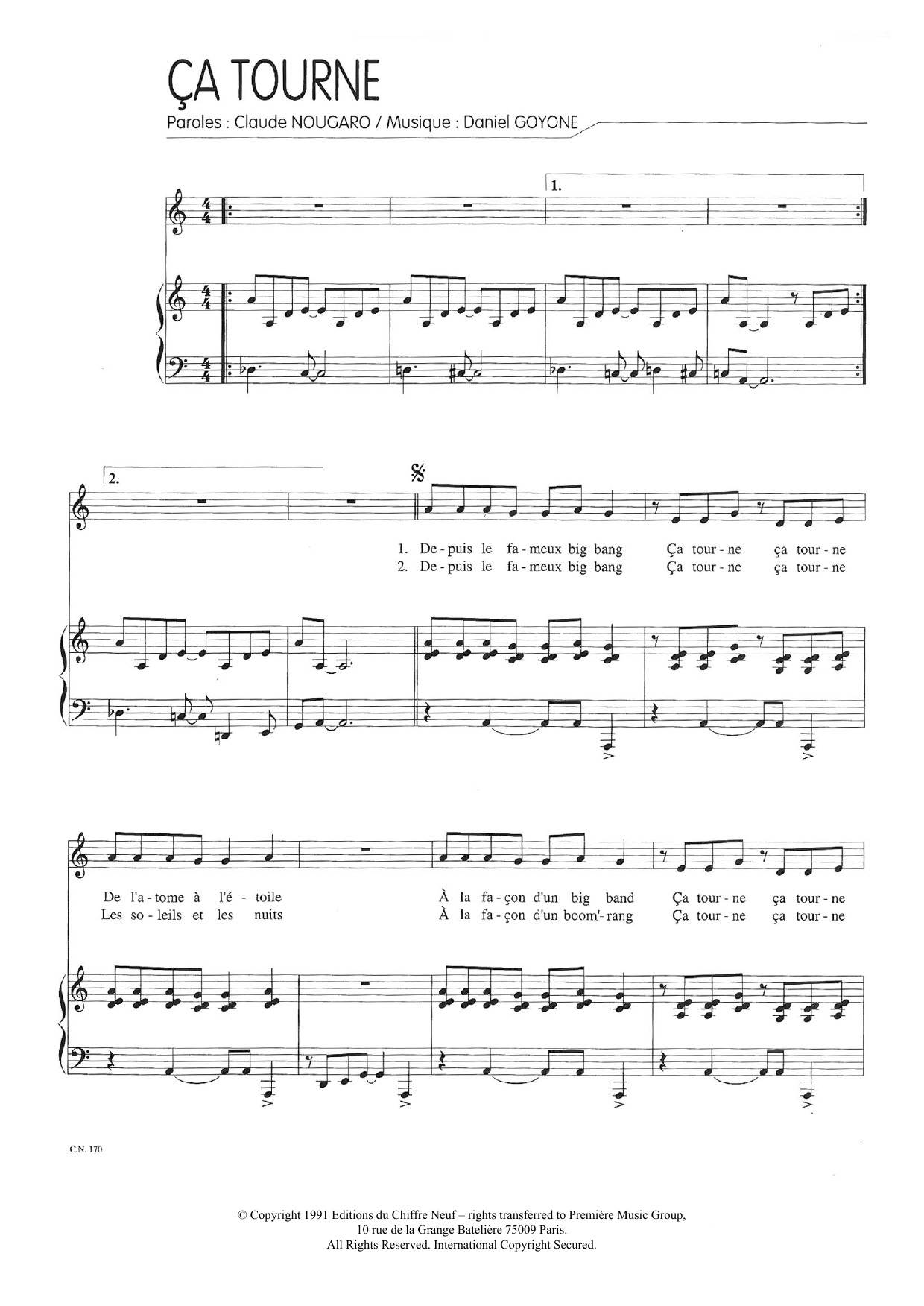 Claude Nougaro Ca Tourne sheet music notes and chords arranged for Piano & Vocal