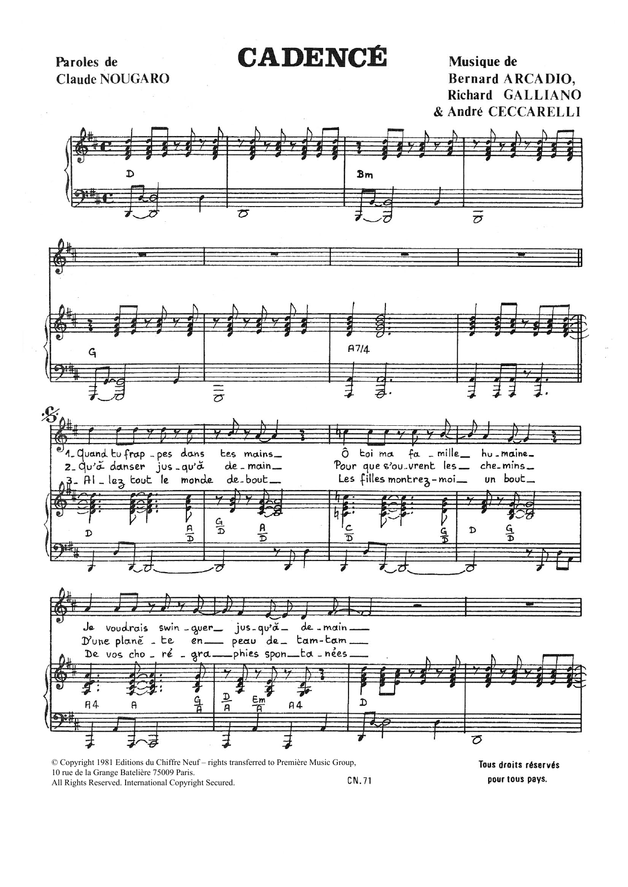 Claude Nougaro Cadence sheet music notes and chords arranged for Piano & Vocal