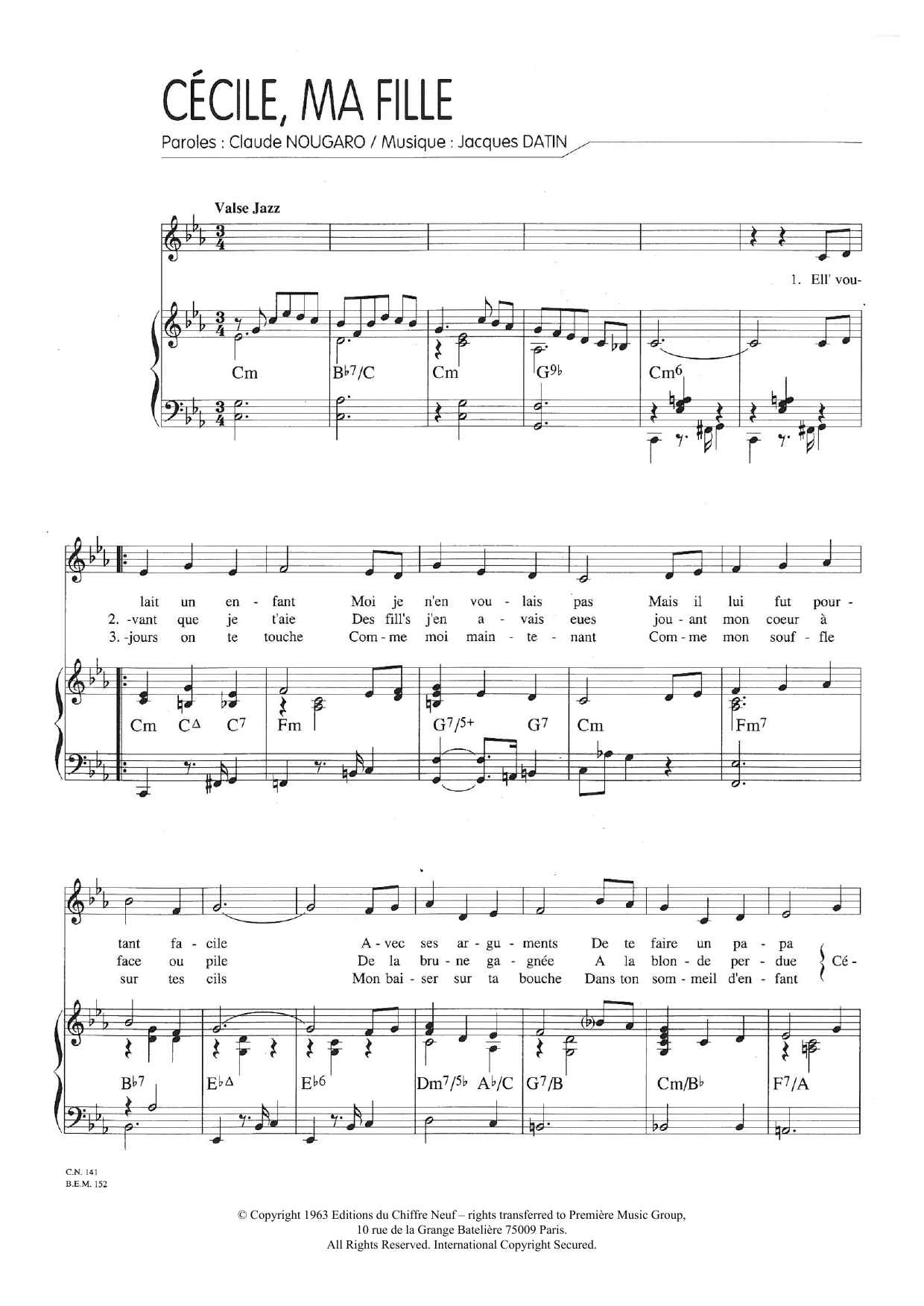Claude Nougaro Cecile Ma Fille sheet music notes and chords arranged for Piano & Vocal