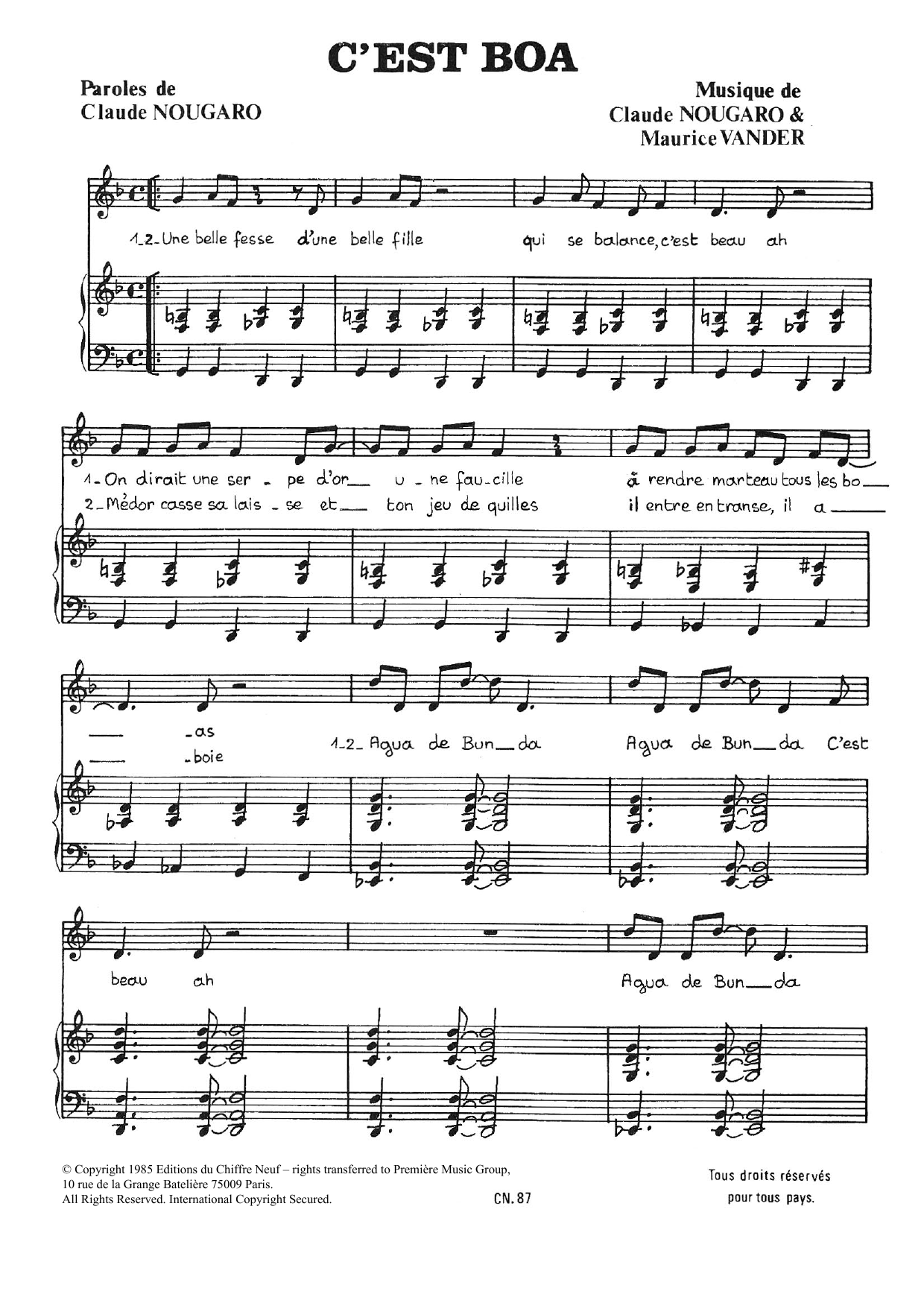 Claude Nougaro C'est Boa sheet music notes and chords arranged for Piano & Vocal