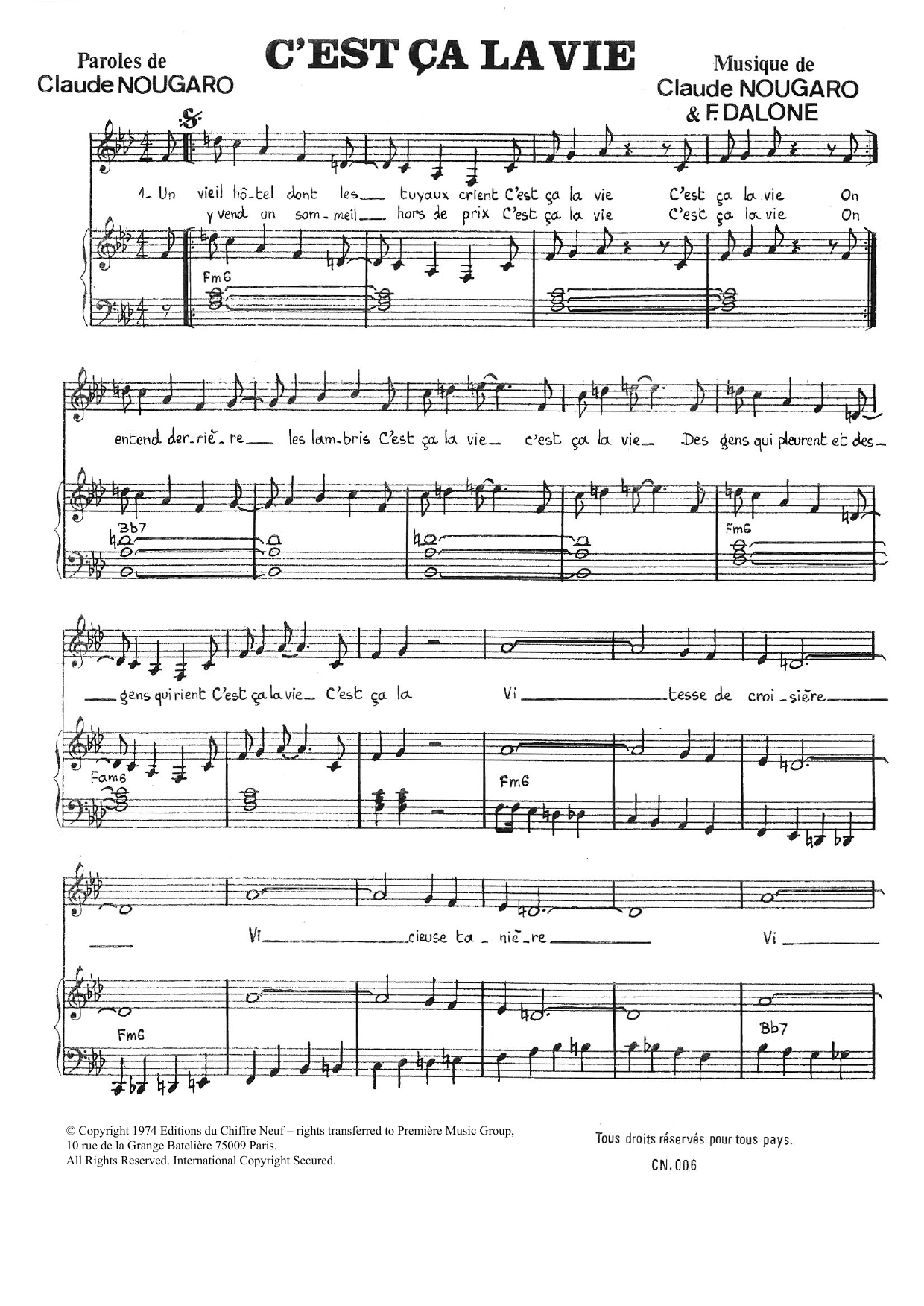 Claude Nougaro C'est Ca La Vie sheet music notes and chords arranged for Piano & Vocal