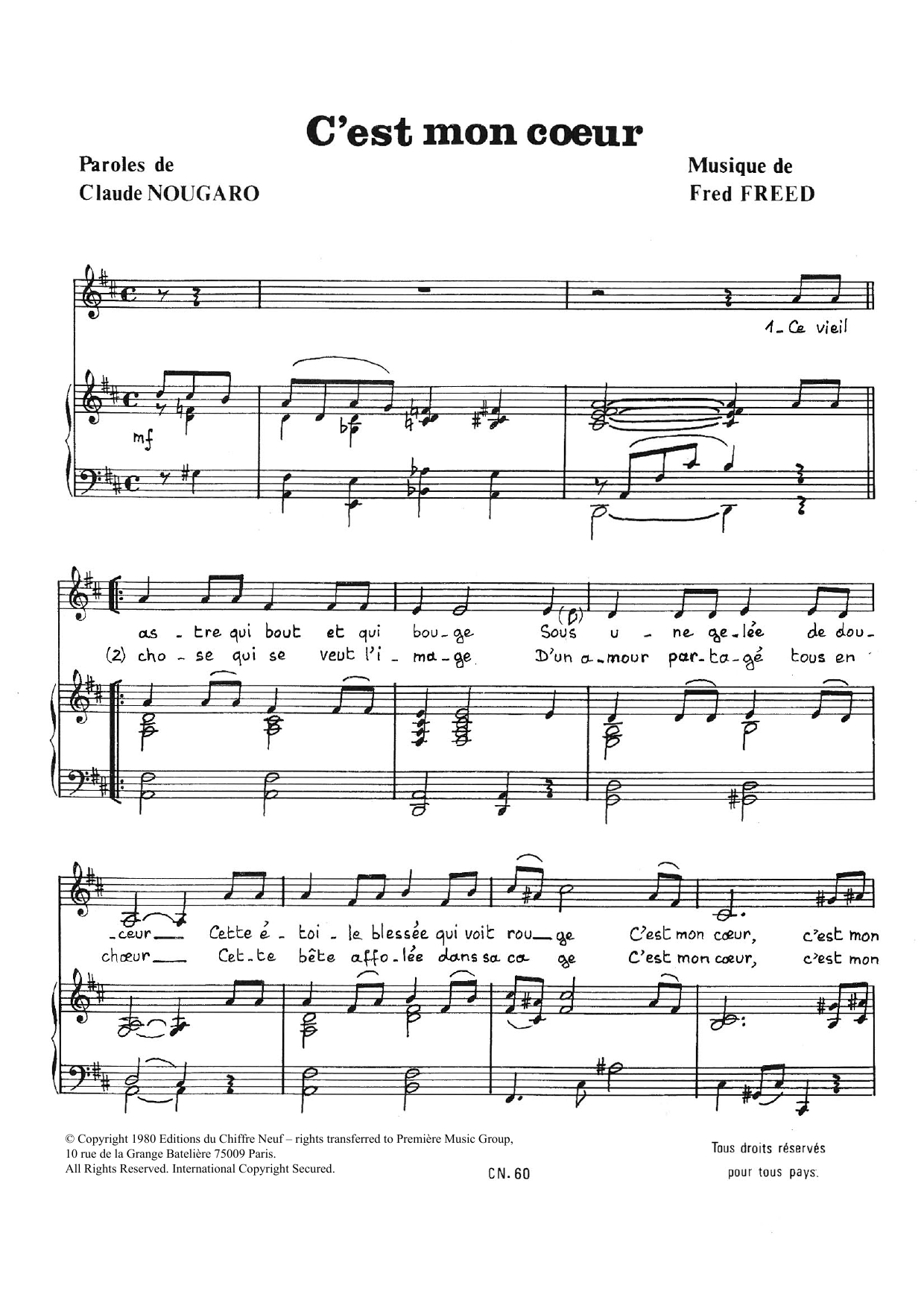 Claude Nougaro C'est Mon Coeur sheet music notes and chords arranged for Piano & Vocal