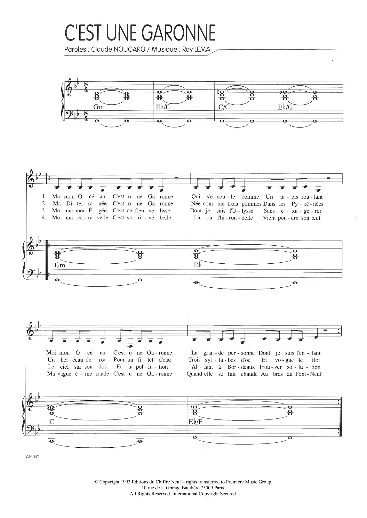 Claude Nougaro C'est Une Garonne sheet music notes and chords arranged for Piano & Vocal