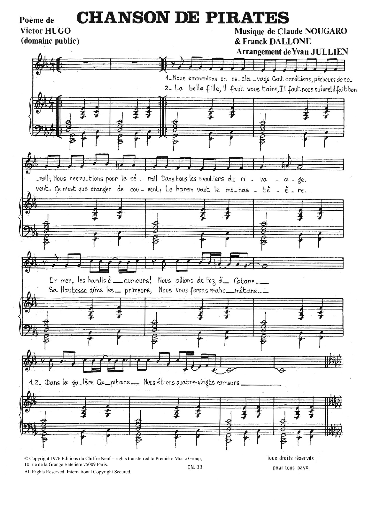 Claude Nougaro Chanson De Pirates sheet music notes and chords arranged for Piano & Vocal