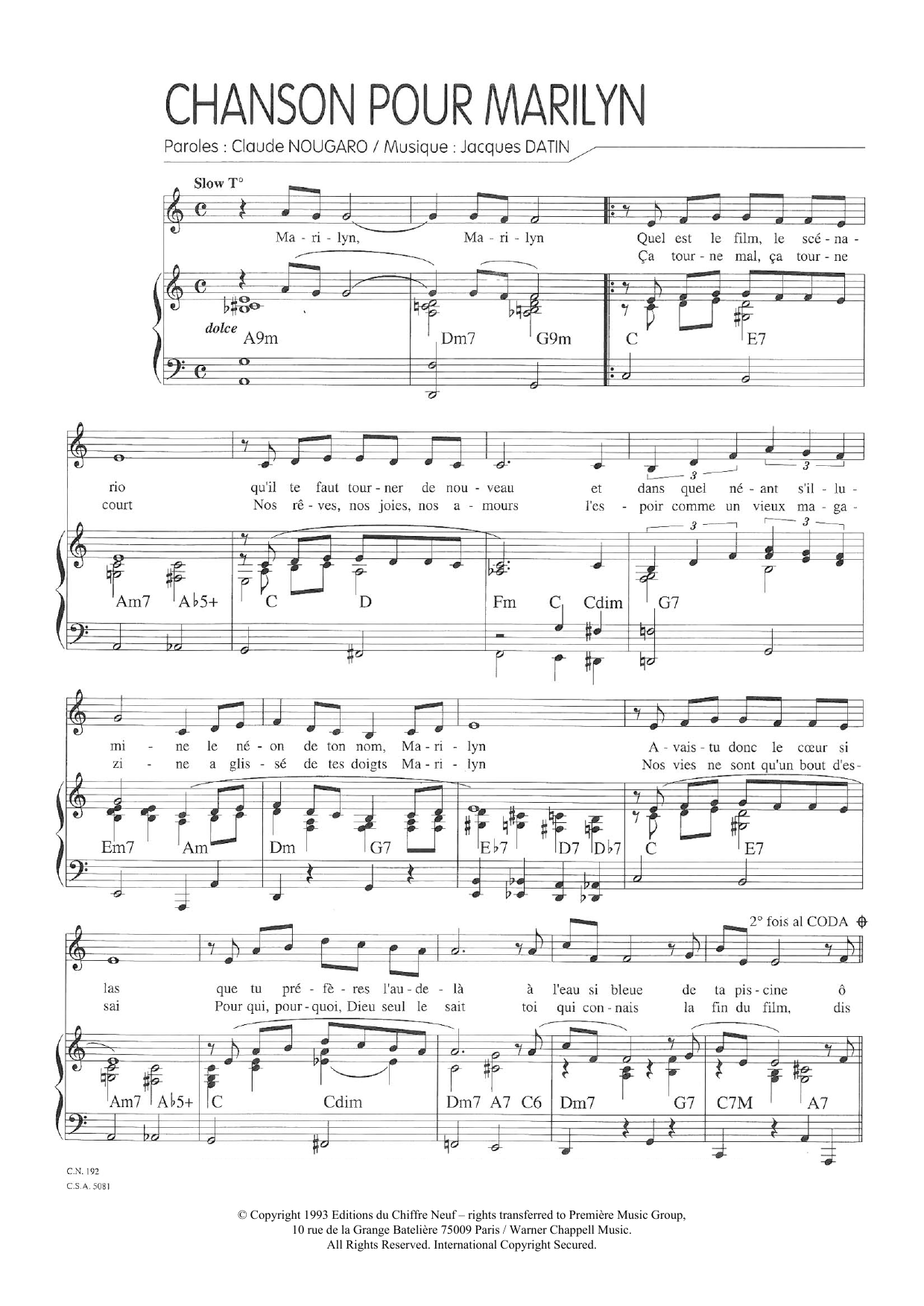 Claude Nougaro Chanson Pour Marilyn sheet music notes and chords arranged for Piano & Vocal