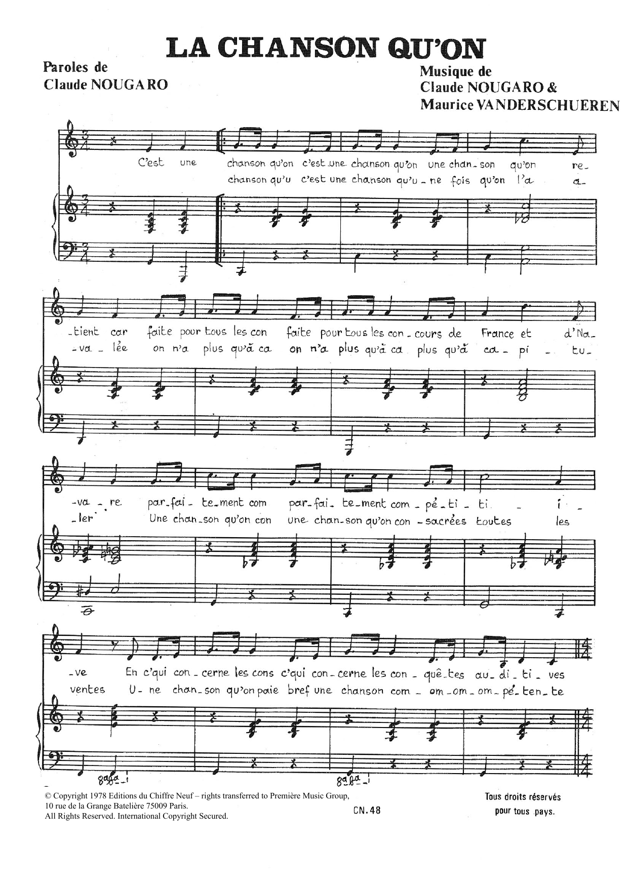 Claude Nougaro Chanson Qu'on sheet music notes and chords arranged for Piano & Vocal