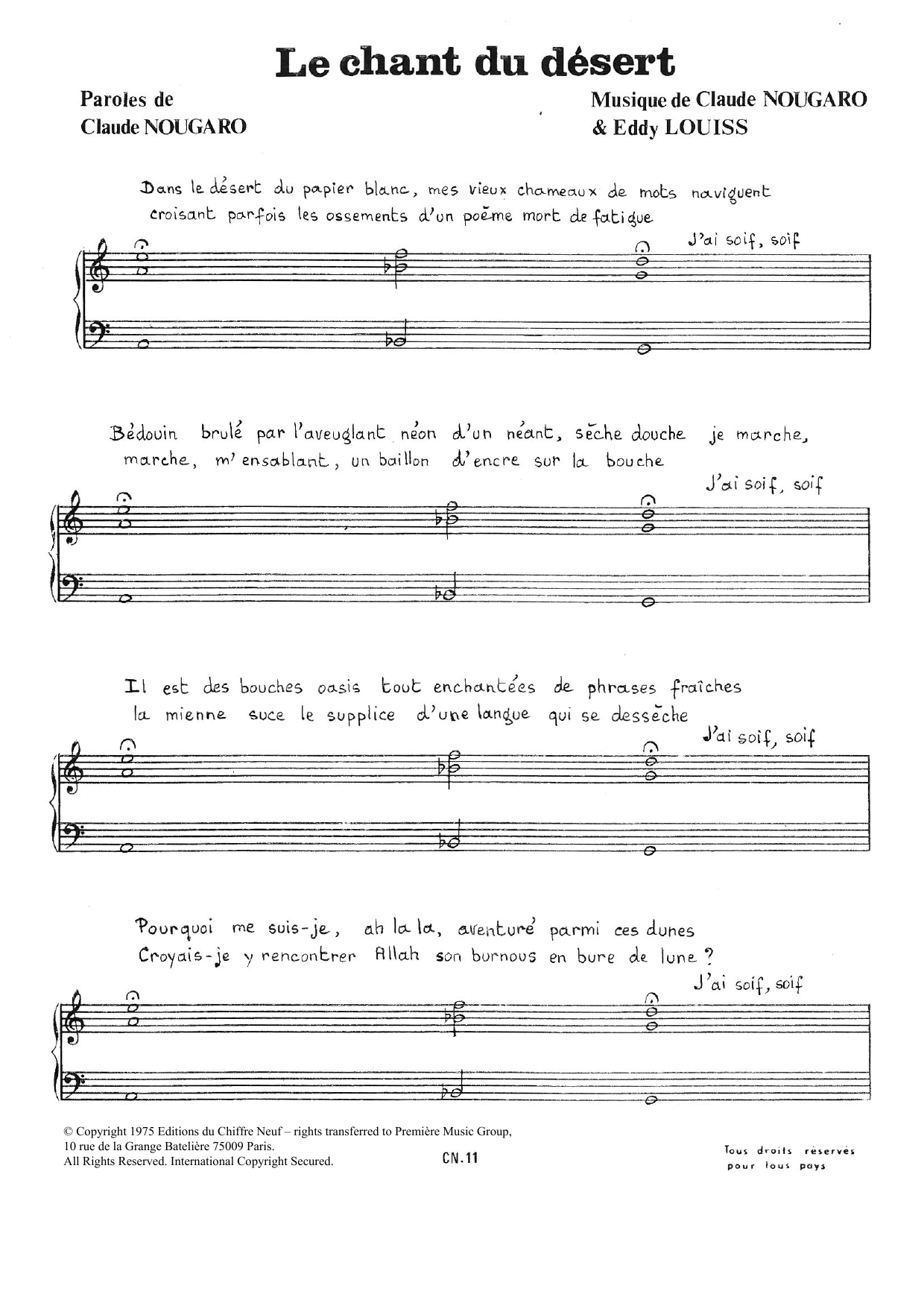 Claude Nougaro Chant Du Desert sheet music notes and chords arranged for Piano & Vocal