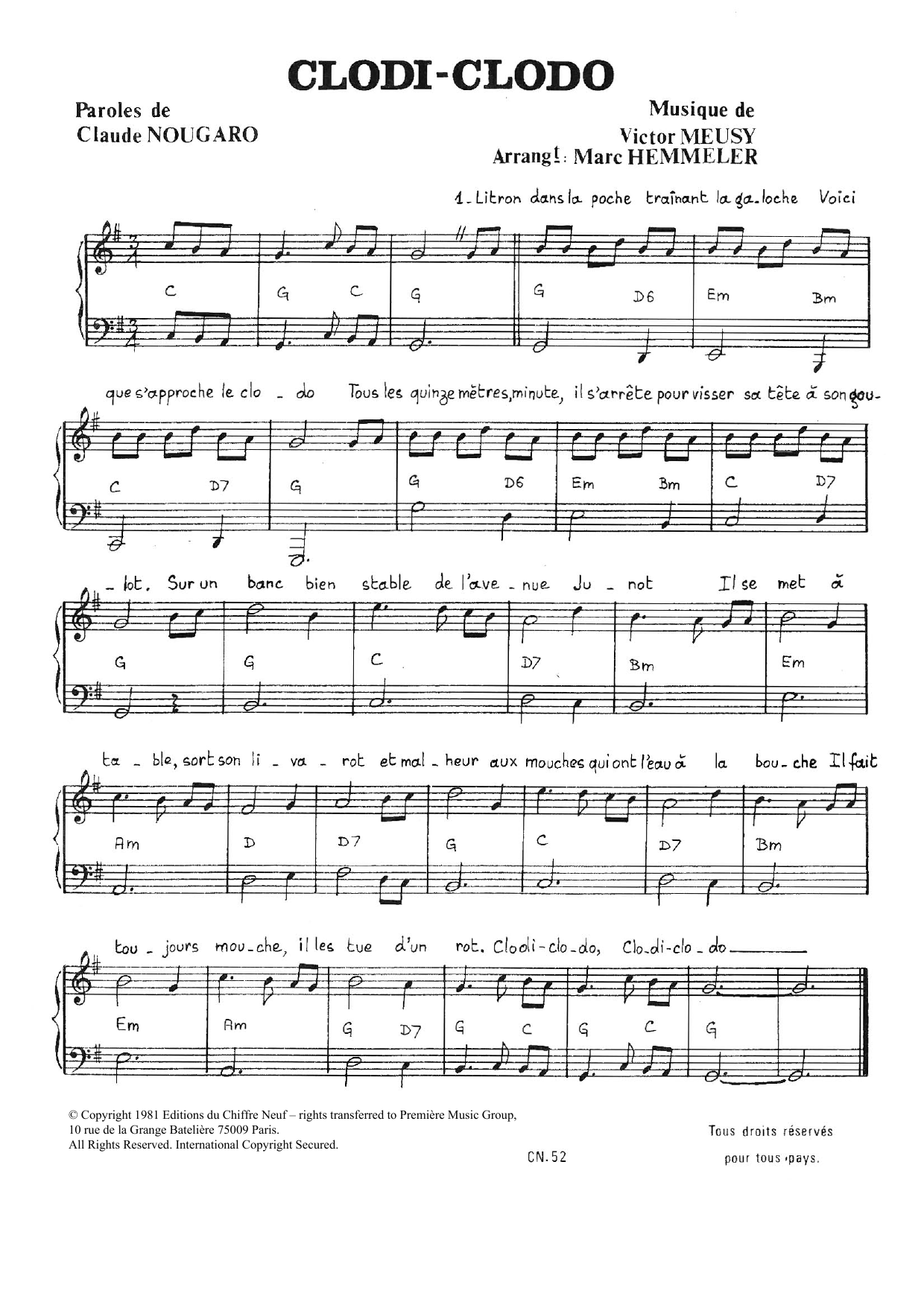 Claude Nougaro Clodi Clodo sheet music notes and chords arranged for Piano & Vocal