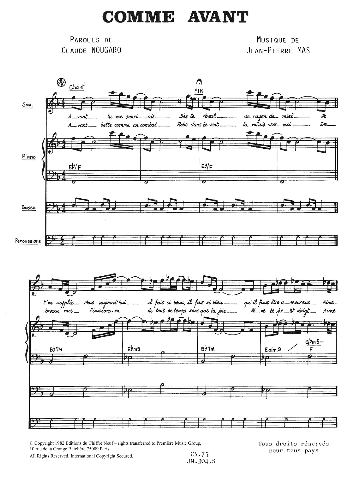 Claude Nougaro Comme Avant sheet music notes and chords arranged for Piano & Vocal