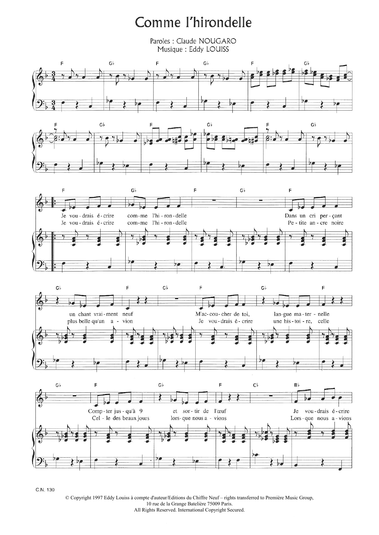 Claude Nougaro Comme L'hirondelle sheet music notes and chords arranged for Piano & Vocal