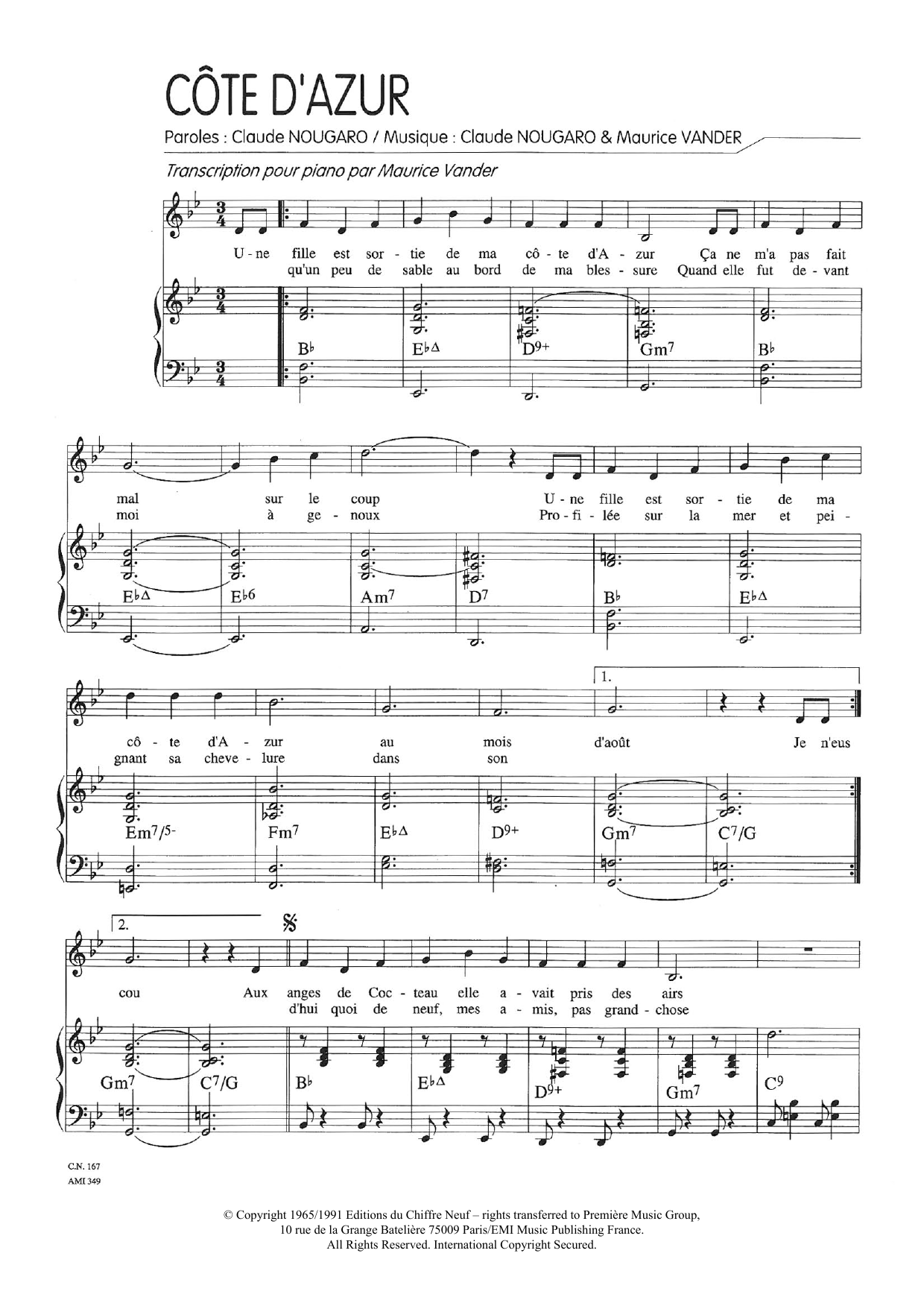 Claude Nougaro Cote D'azur sheet music notes and chords arranged for Piano & Vocal