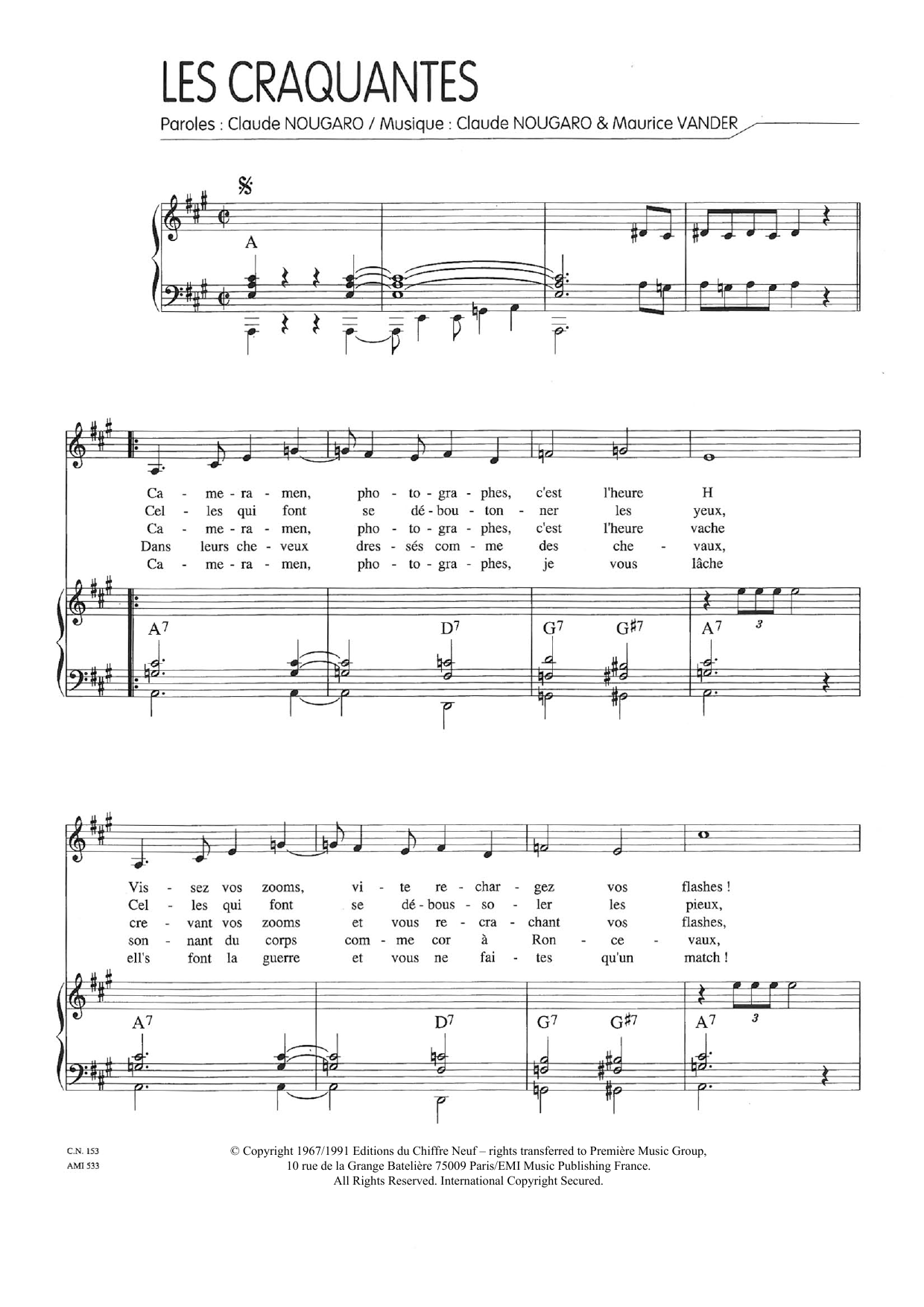 Claude Nougaro Craquantes sheet music notes and chords arranged for Piano & Vocal