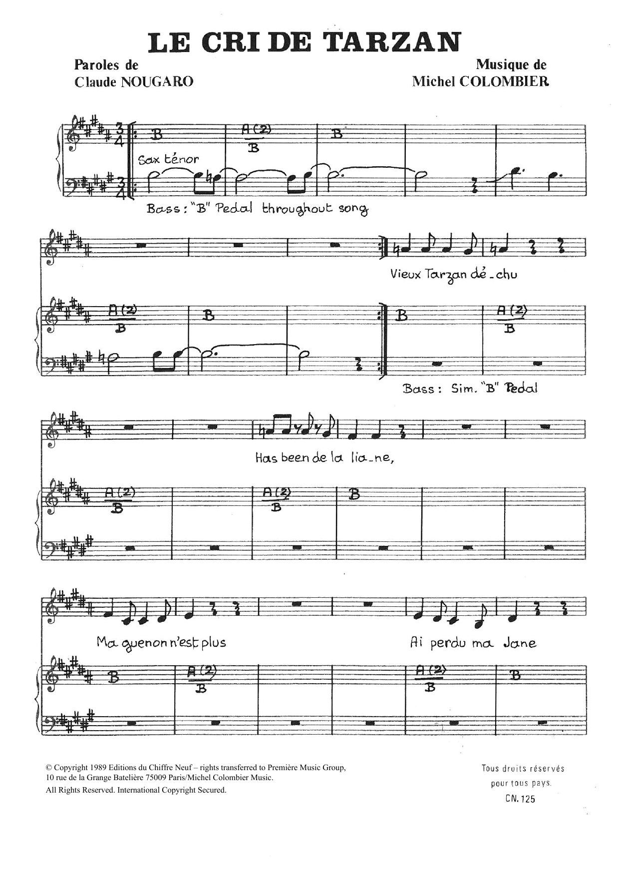 Claude Nougaro Cri De Tarzan sheet music notes and chords arranged for Piano & Vocal