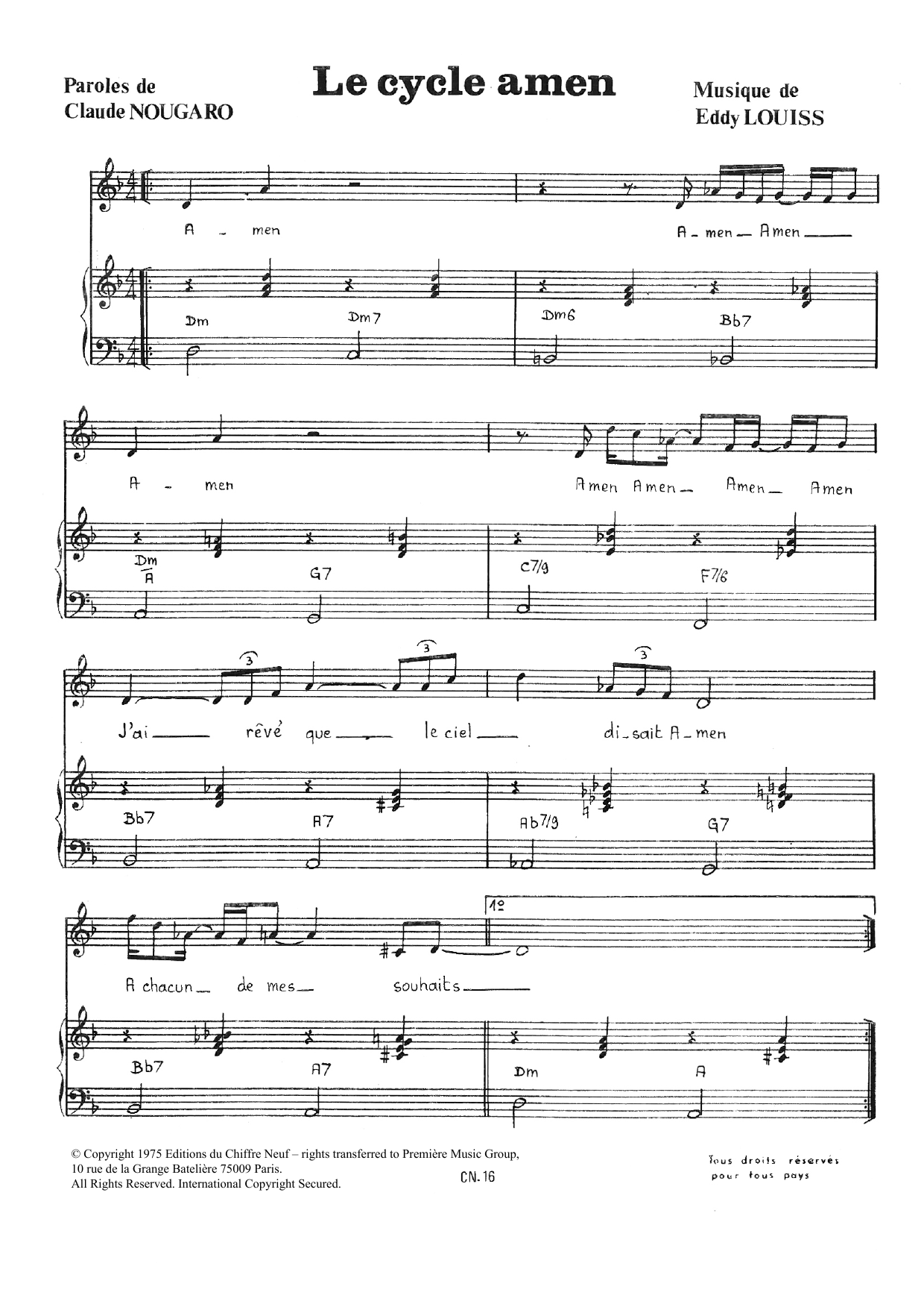 Claude Nougaro Cycle Amen sheet music notes and chords arranged for Piano & Vocal