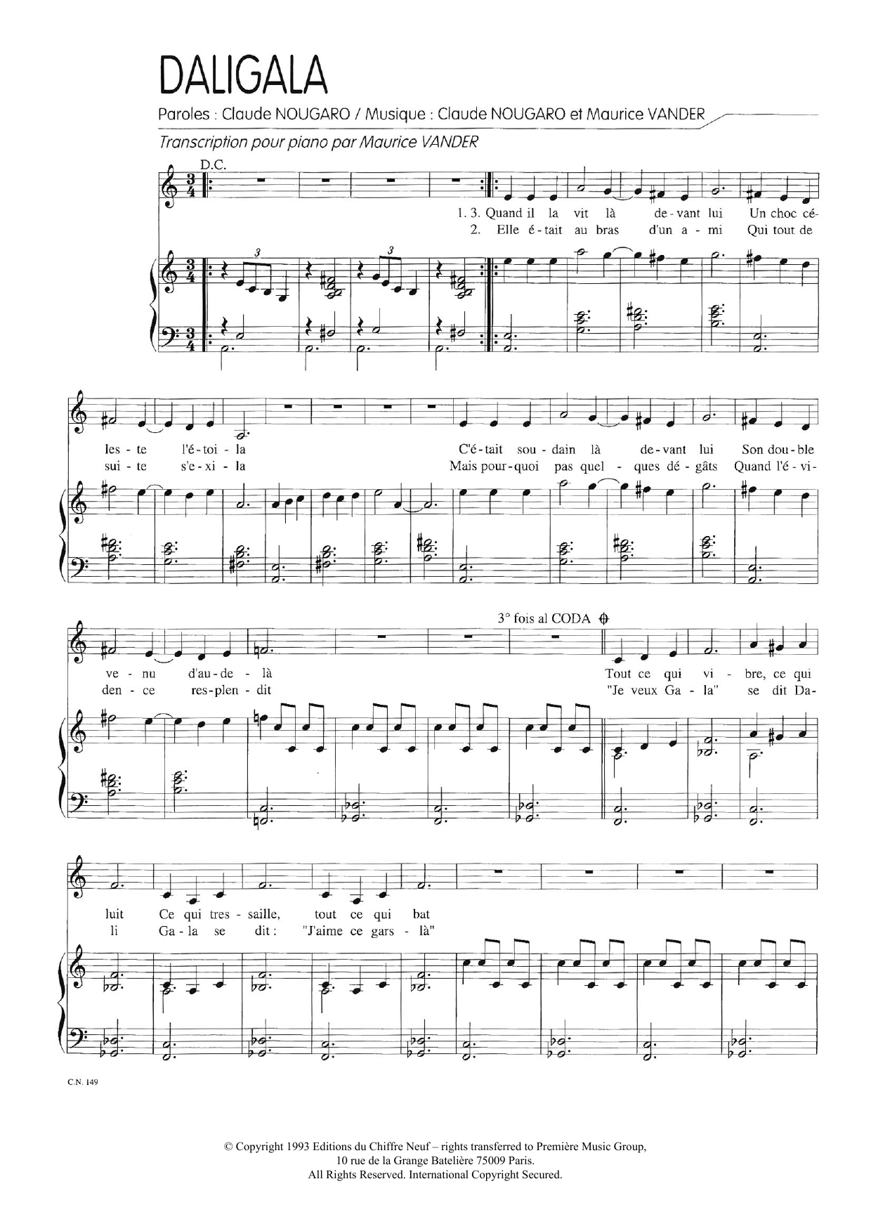 Claude Nougaro Daligala sheet music notes and chords arranged for Piano & Vocal