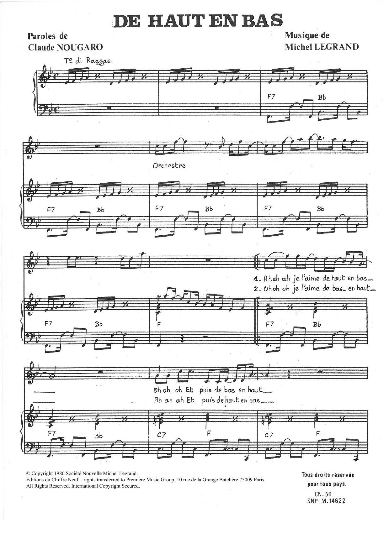 Claude Nougaro De Haut En Bas sheet music notes and chords arranged for Piano & Vocal