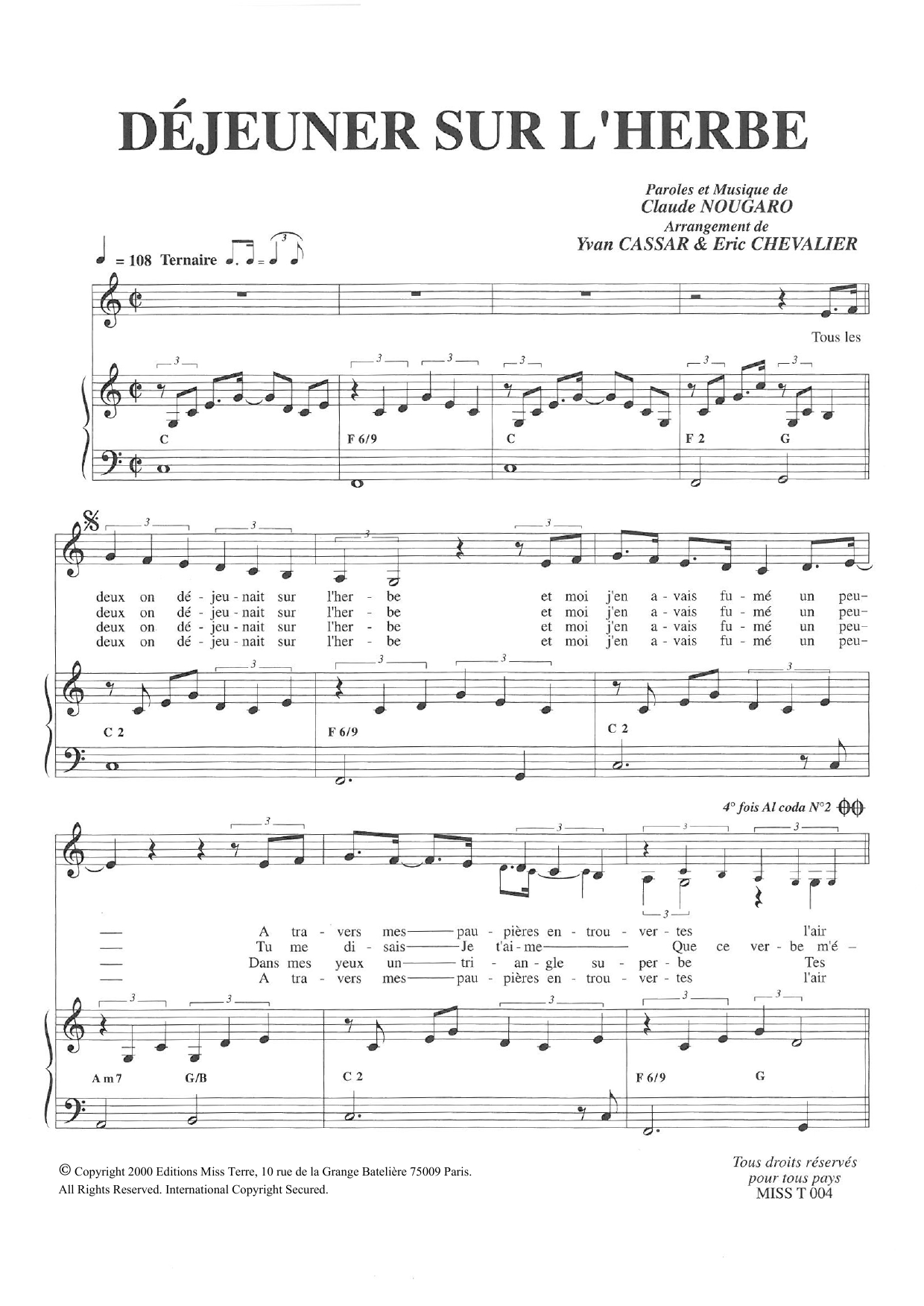 Claude Nougaro Dejeuner Sur L'herbe sheet music notes and chords arranged for Piano & Vocal