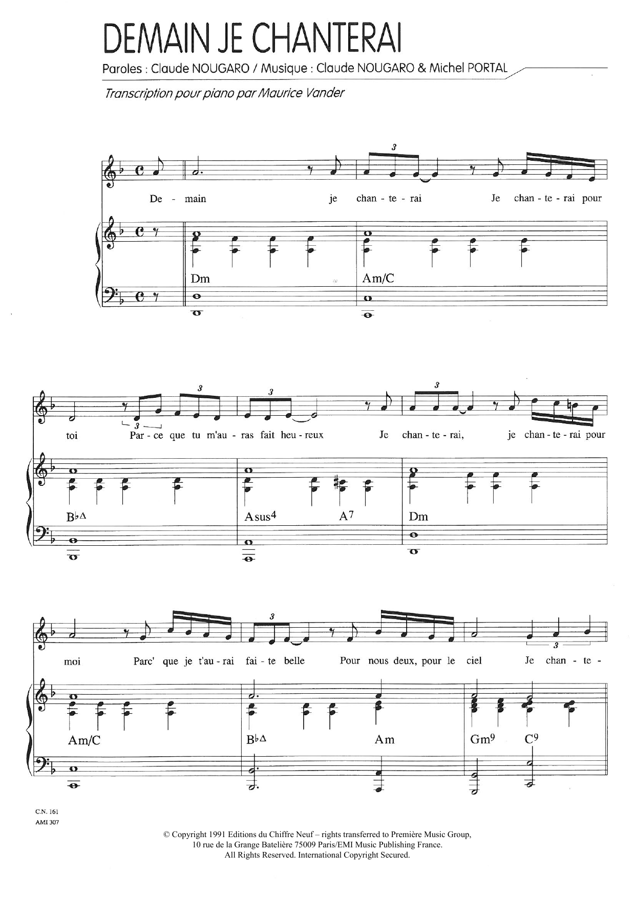 Claude Nougaro Demain Je Chanterai sheet music notes and chords arranged for Piano & Vocal