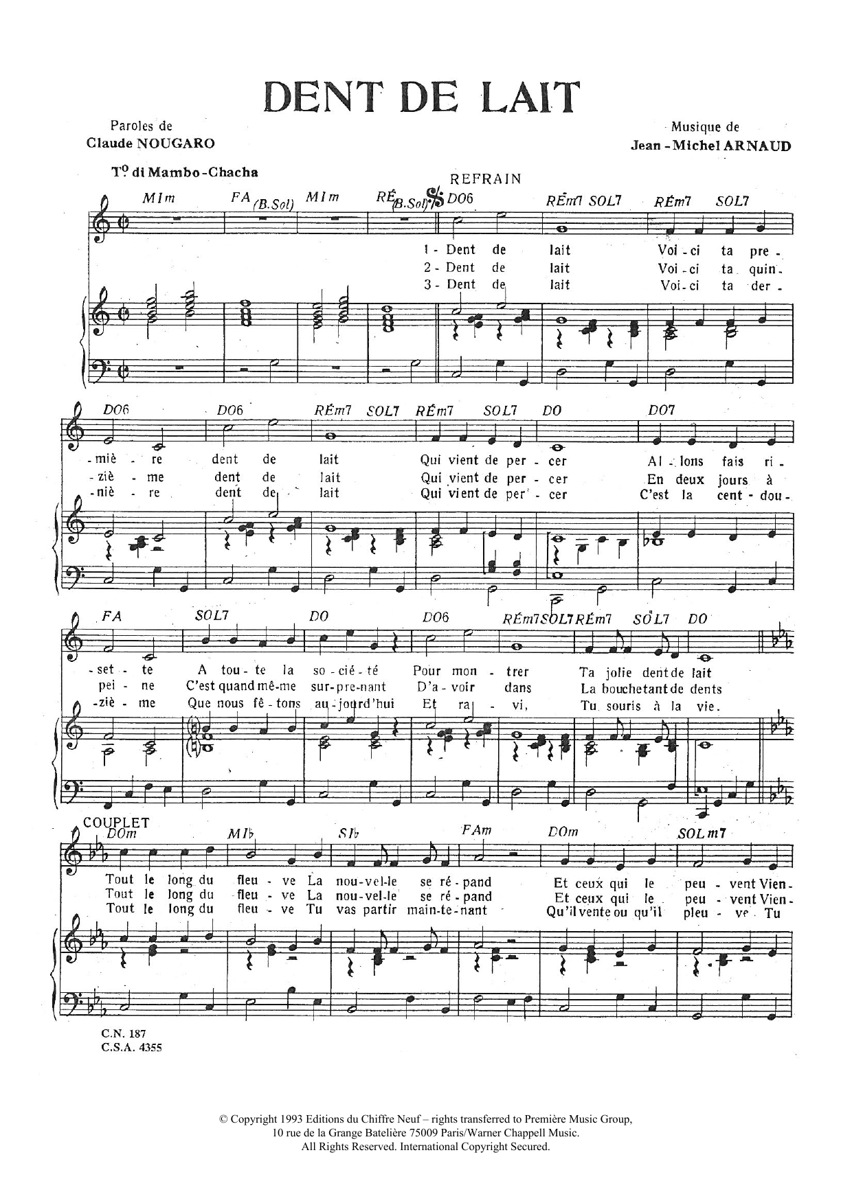 Claude Nougaro Dent De Lait sheet music notes and chords arranged for Piano & Vocal